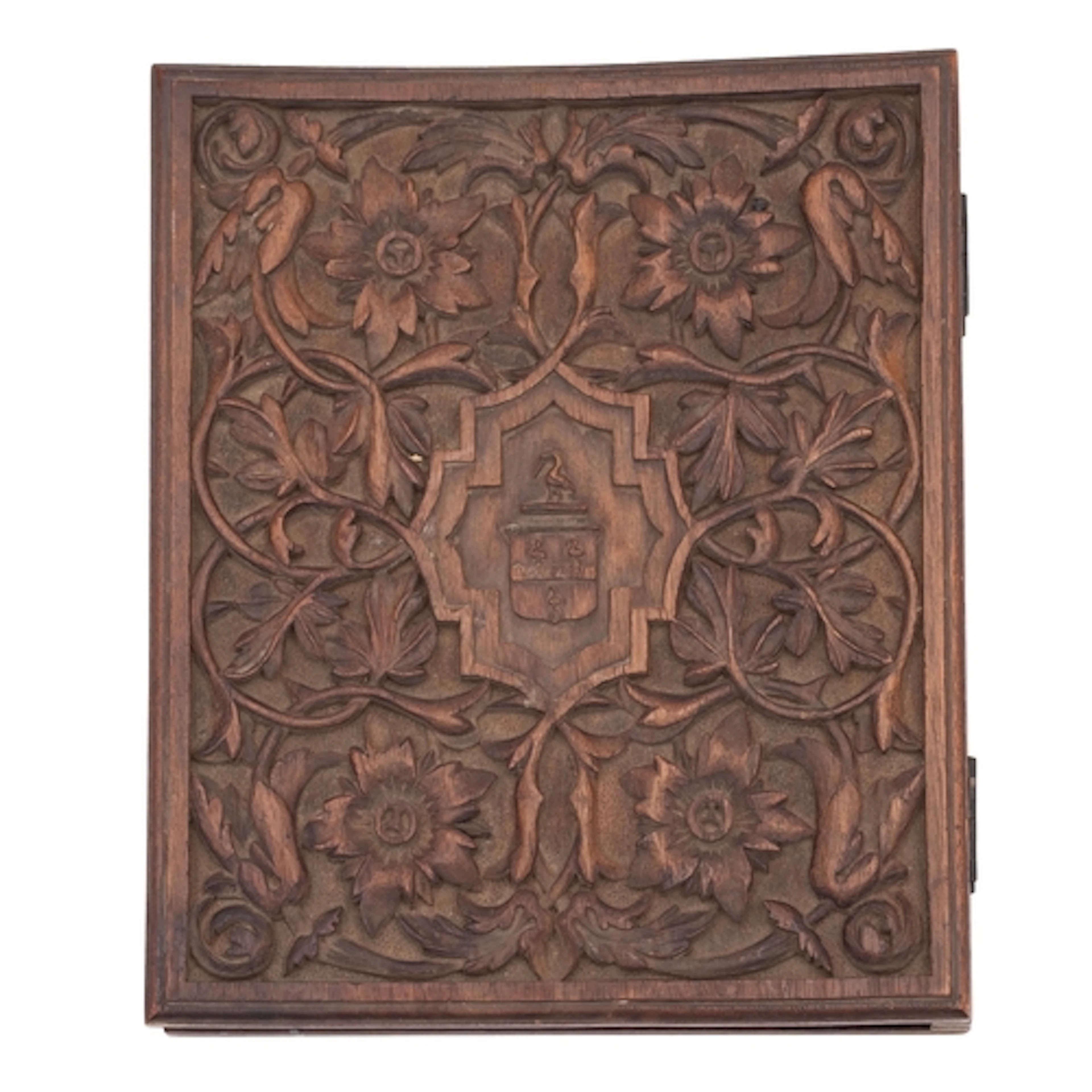 A Victorian carved and stained walnut folio cover, circa 187...