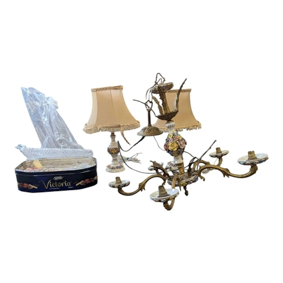 Italian mid 20th century floral ceramic cieling chandelier /...
