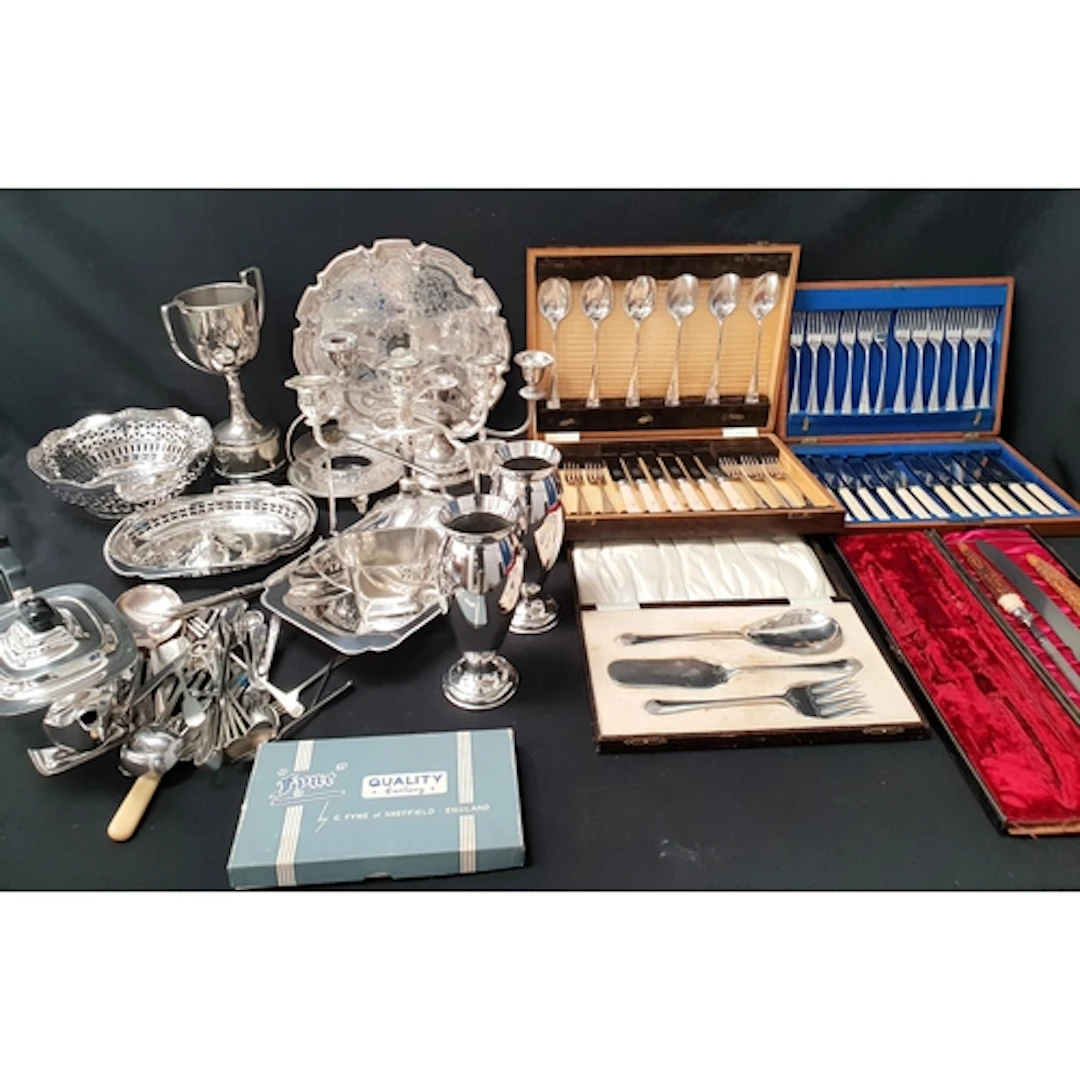SELECTION OF FLATWARE CANTEENS, PLATED WARE AND METALWARE i...