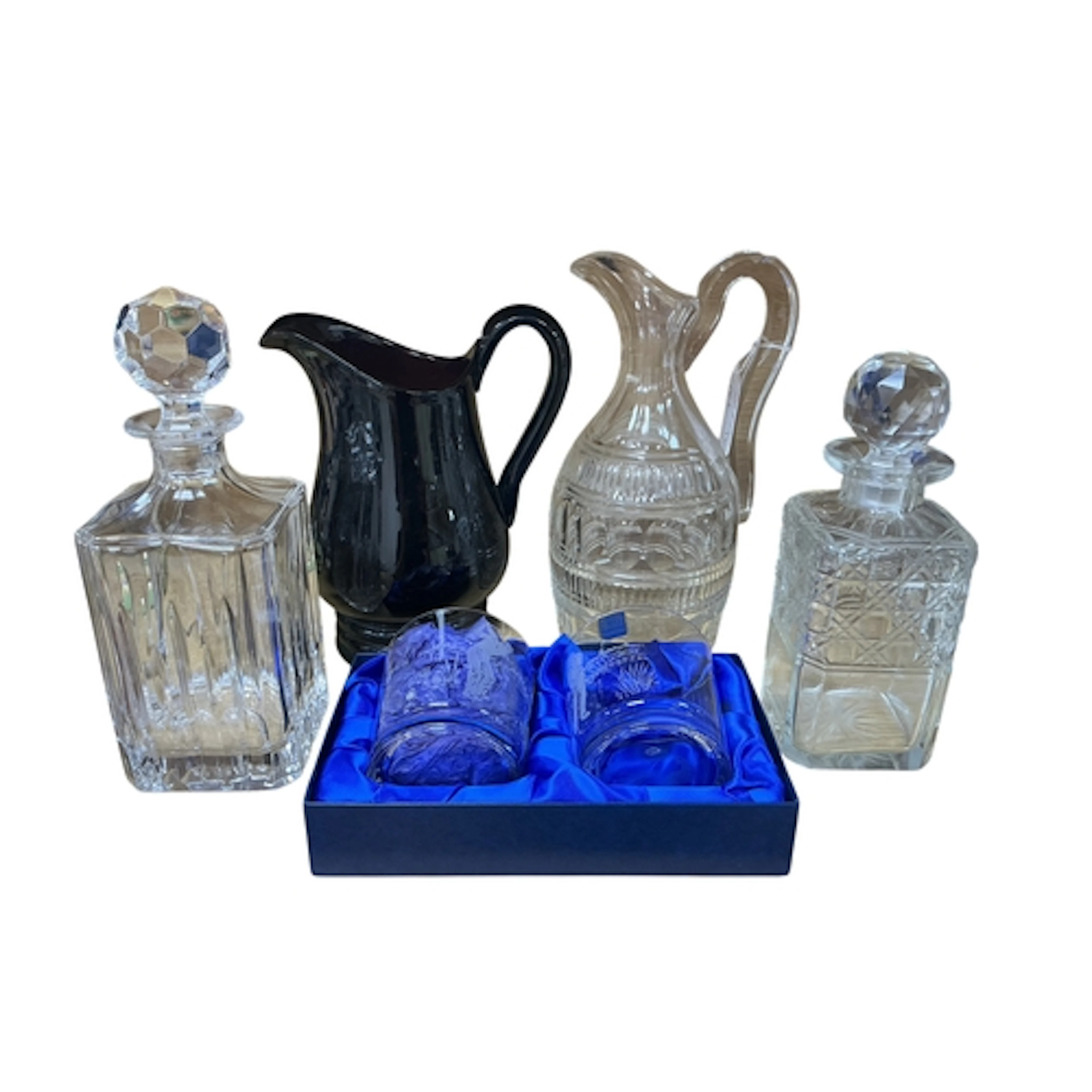 A pair of Royal Scot crystal tumblers (boxed), two spirit de...