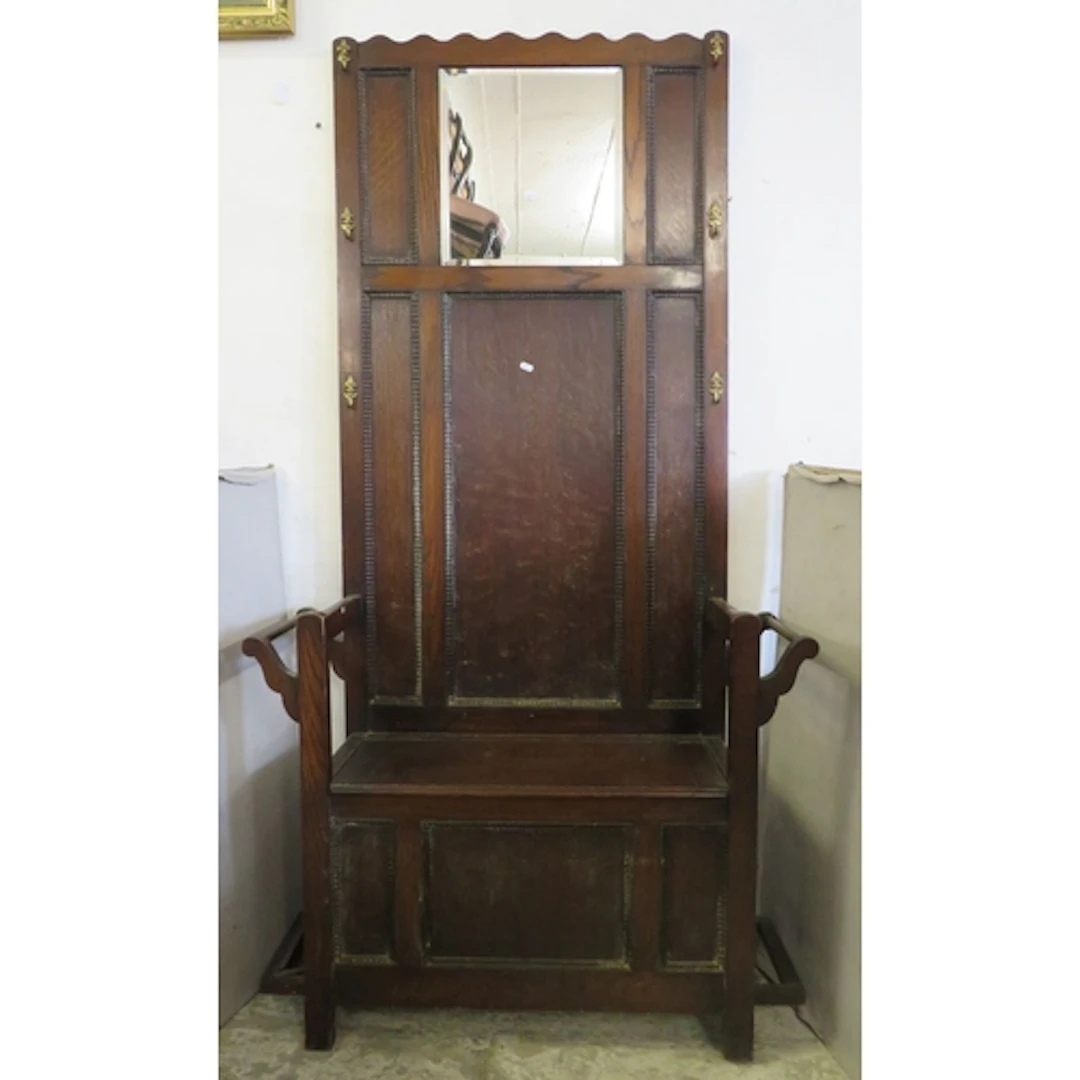 Antique Edwardian Oak Hall Stand, coat rack, integrated beve...
