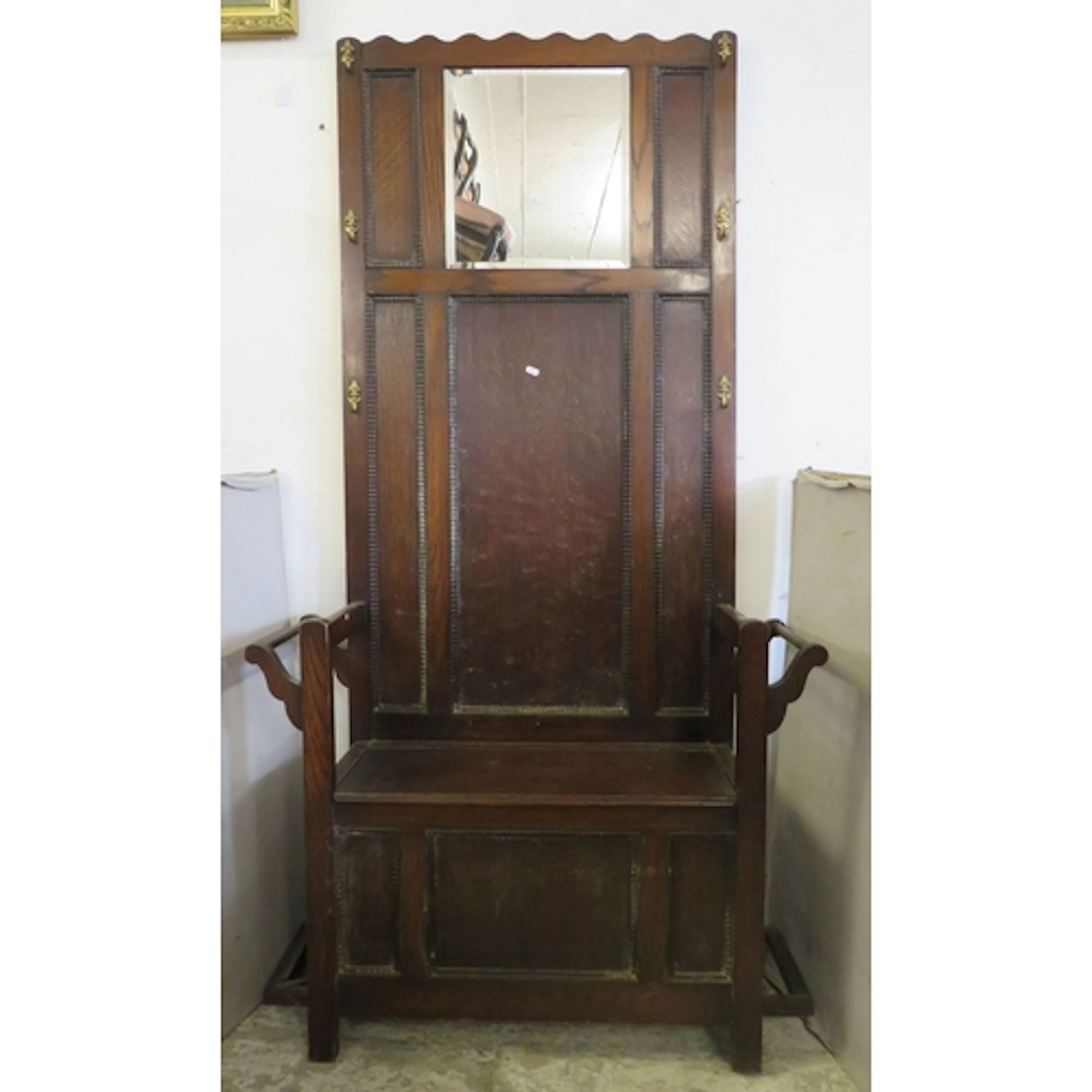 Antique Edwardian Oak Hall Stand, coat rack, integrated beve...