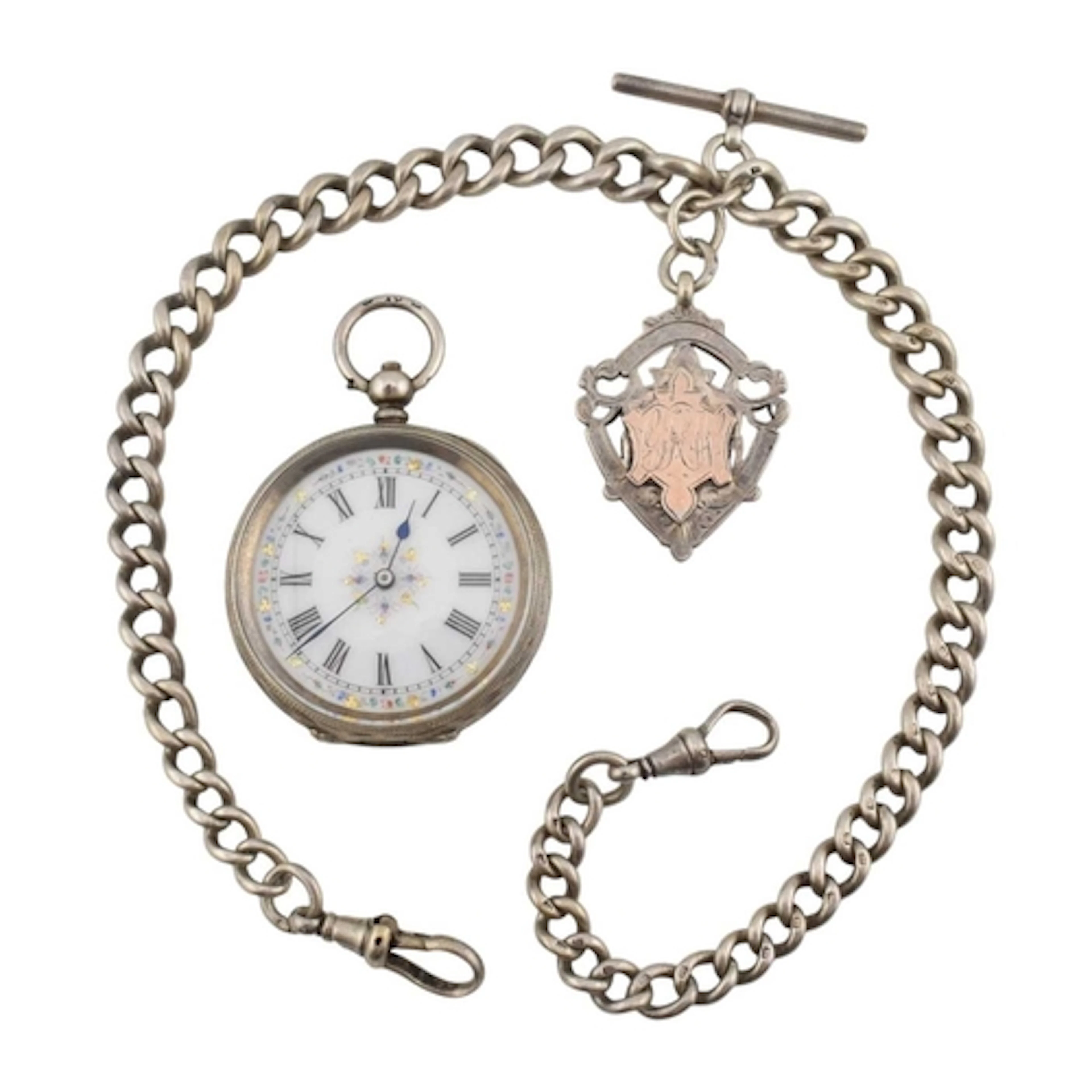 A Swiss fob watch and watch chain. The fob watch with enamel...