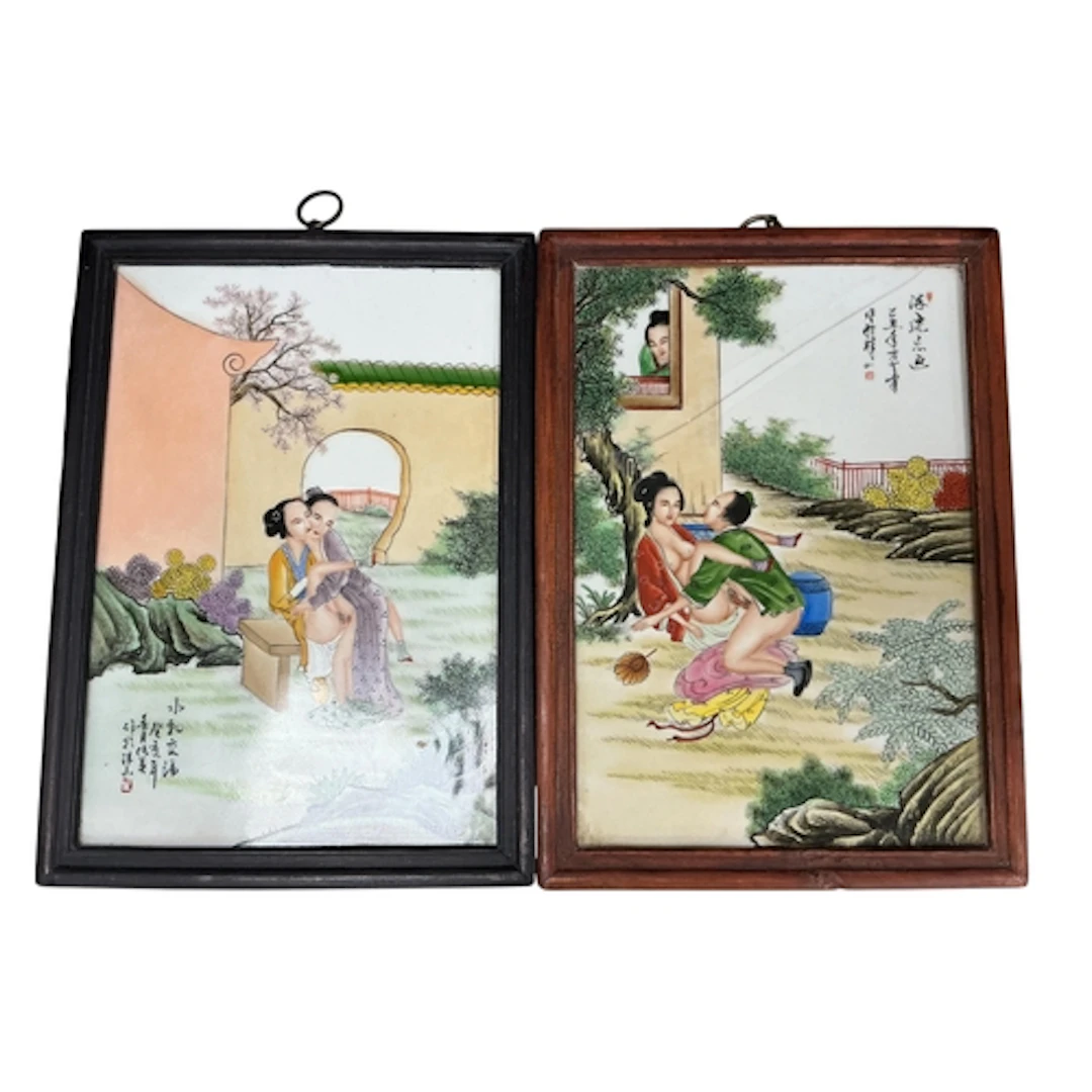A pair of Chinese enamelled porcelain erotic subject plaques...