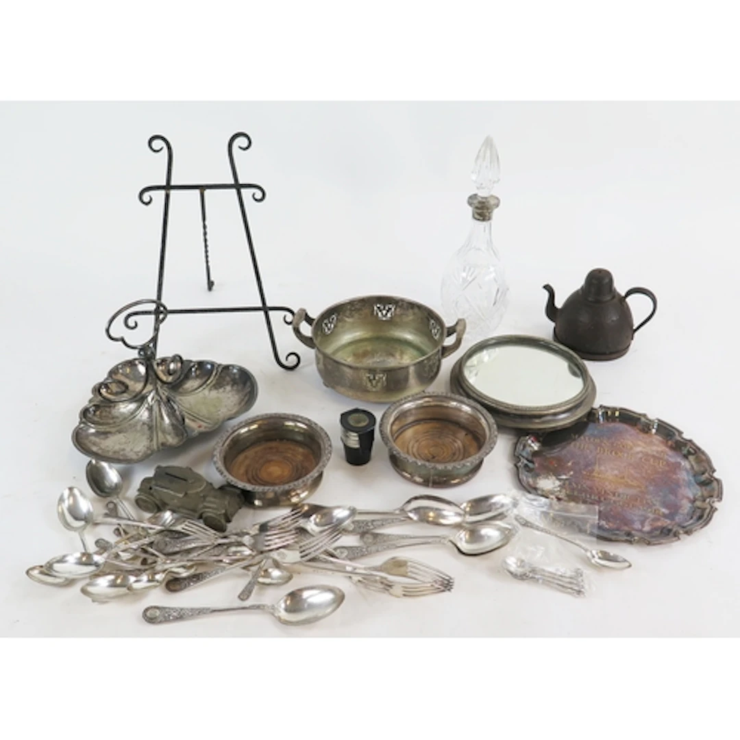 A clear glass and silver mounted decanter and stopper, assor...