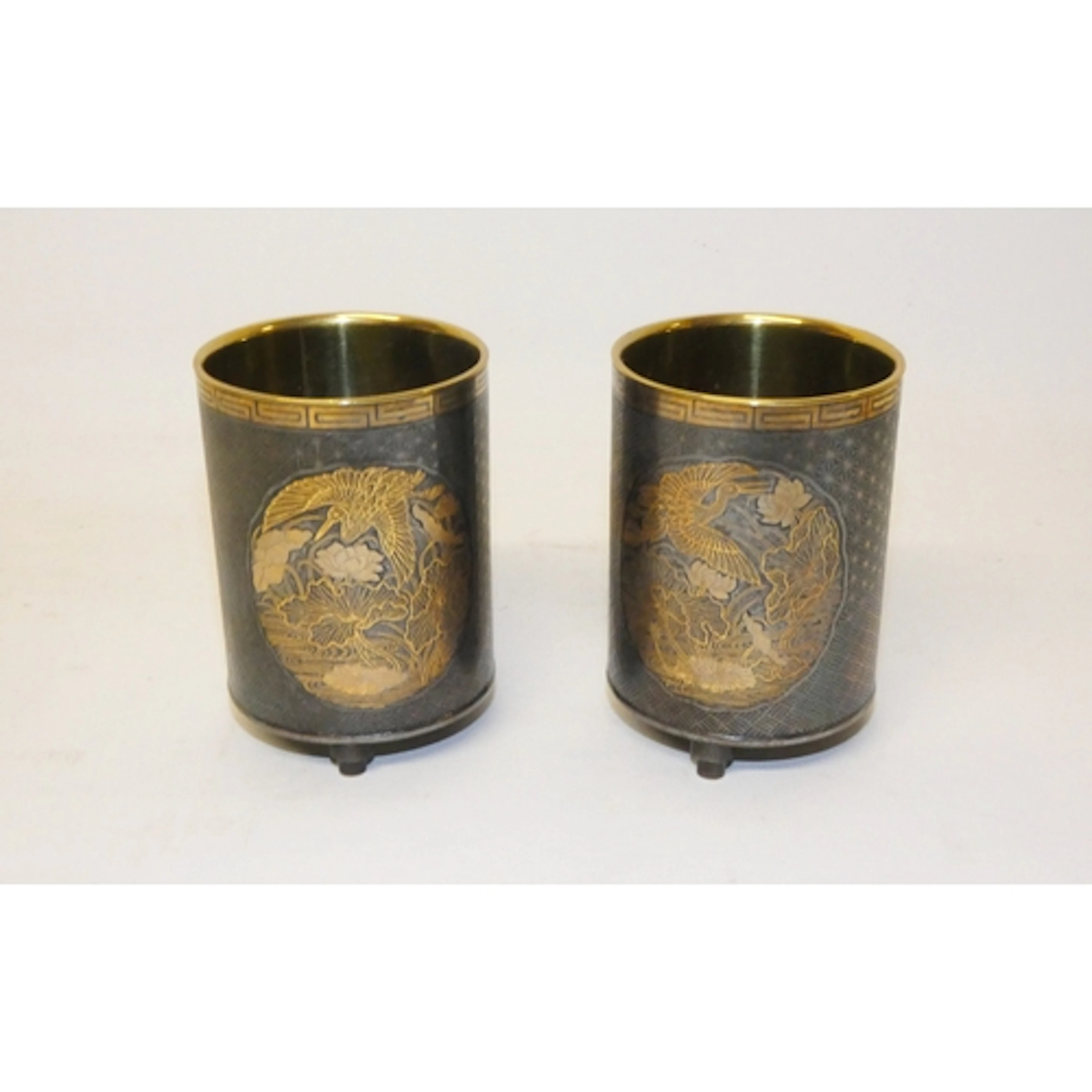 Pair of Japanese mixed metal inlaid cylindrical brush pots, ...