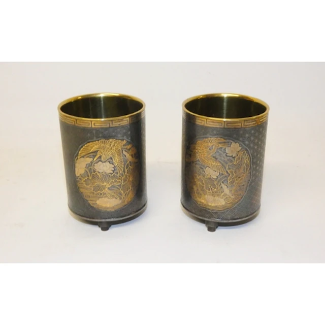 Pair of Japanese mixed metal inlaid cylindrical brush pots, ...