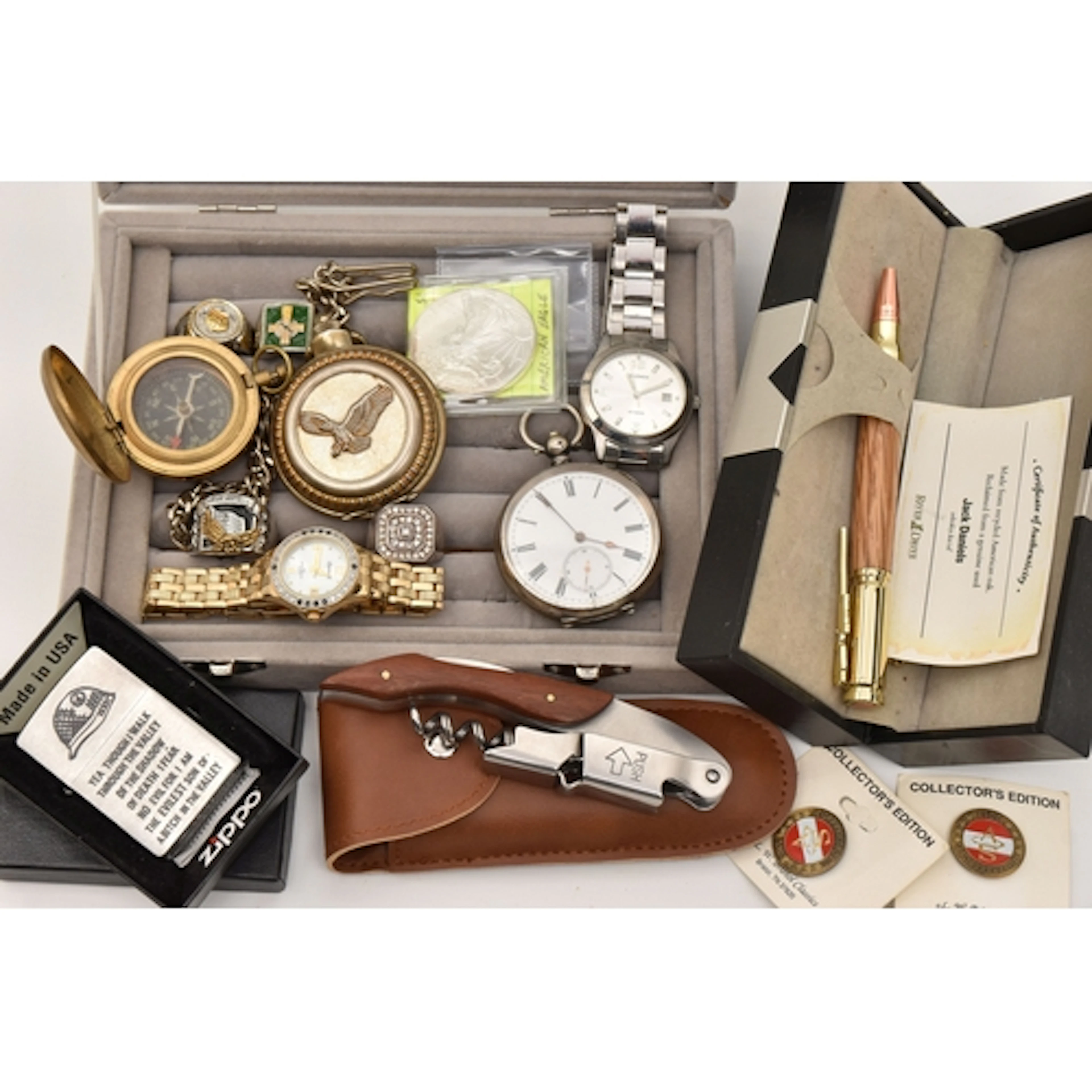 A BOX OF ASSORTED ITEMS, to include a silver ring designed a...