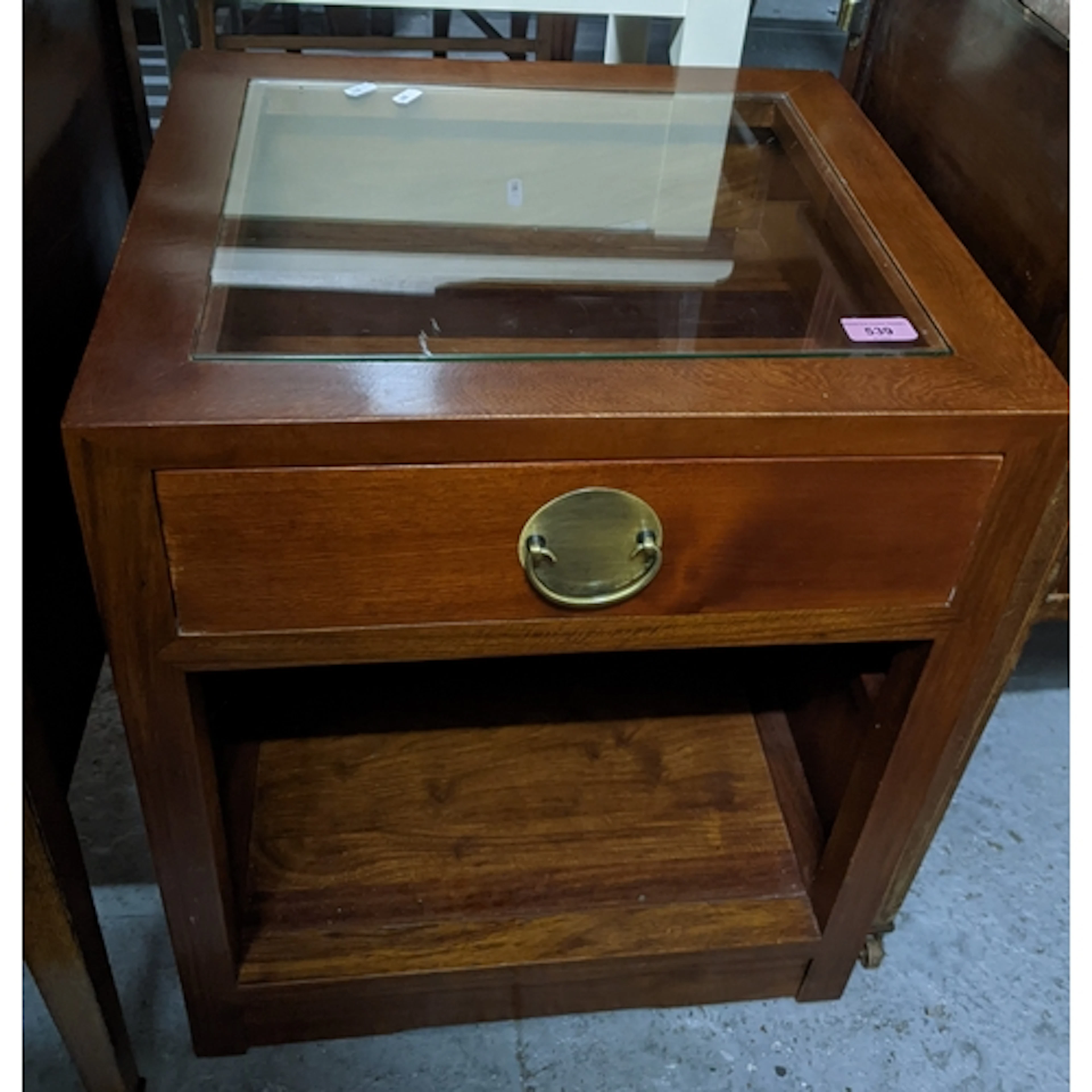 Pair of Asian rosewood glass topped lamp tables, the inset g...