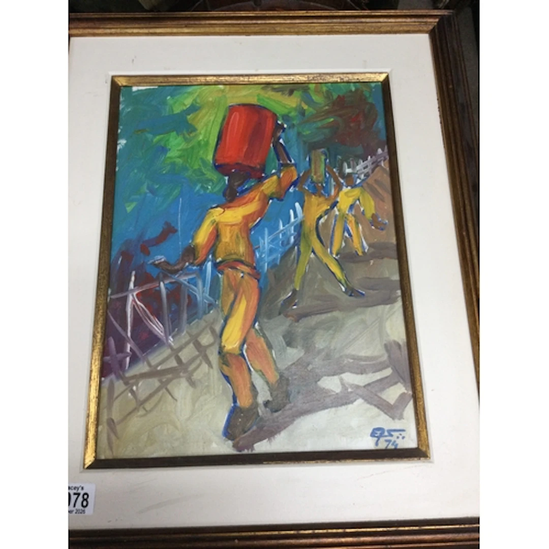Oil on canvas depicting three modernistic figures on a path....