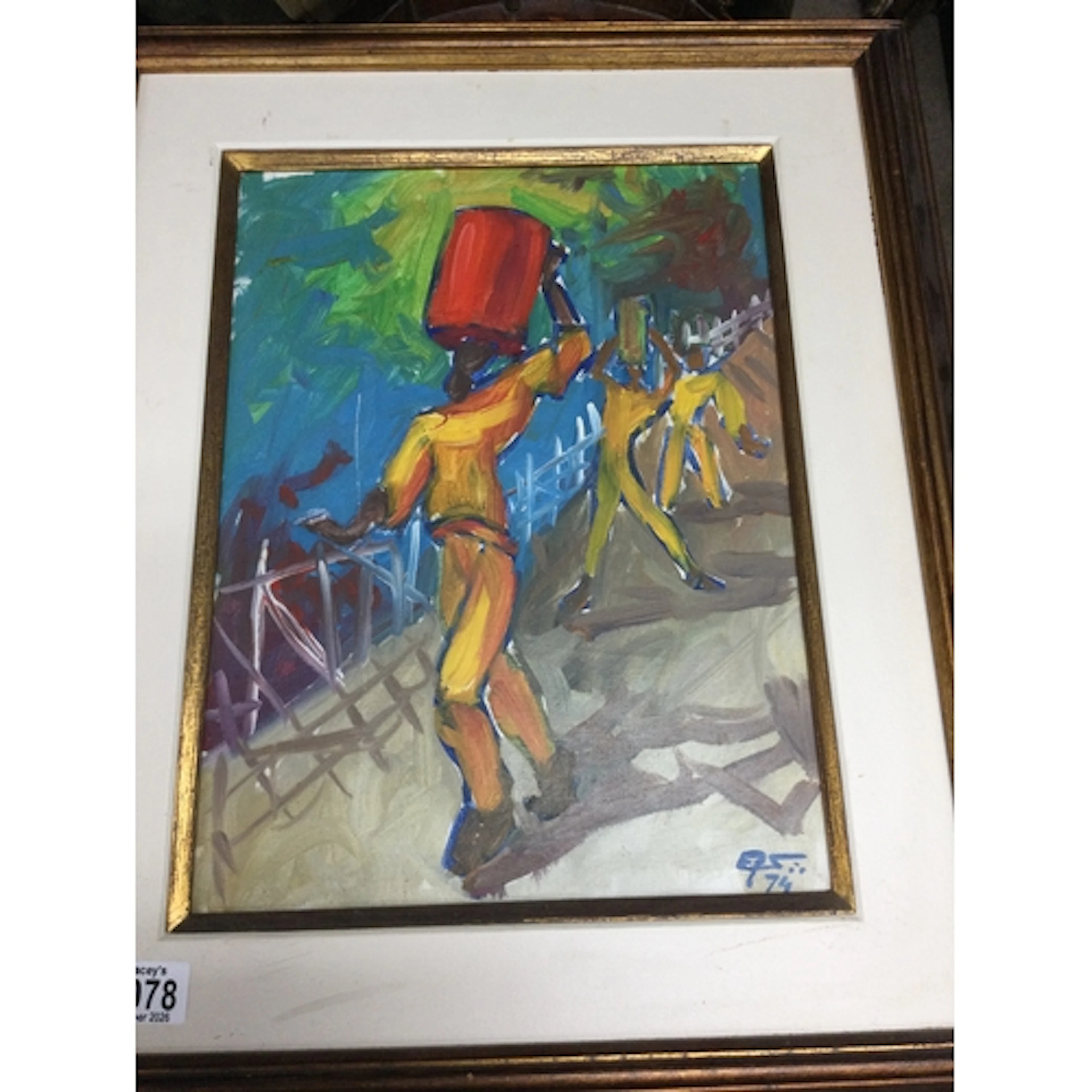 Oil on canvas depicting three modernistic figures on a path....
