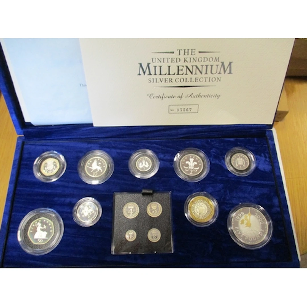 2000 Millennium £5 to Maundy silver proof cased set of 13, F...