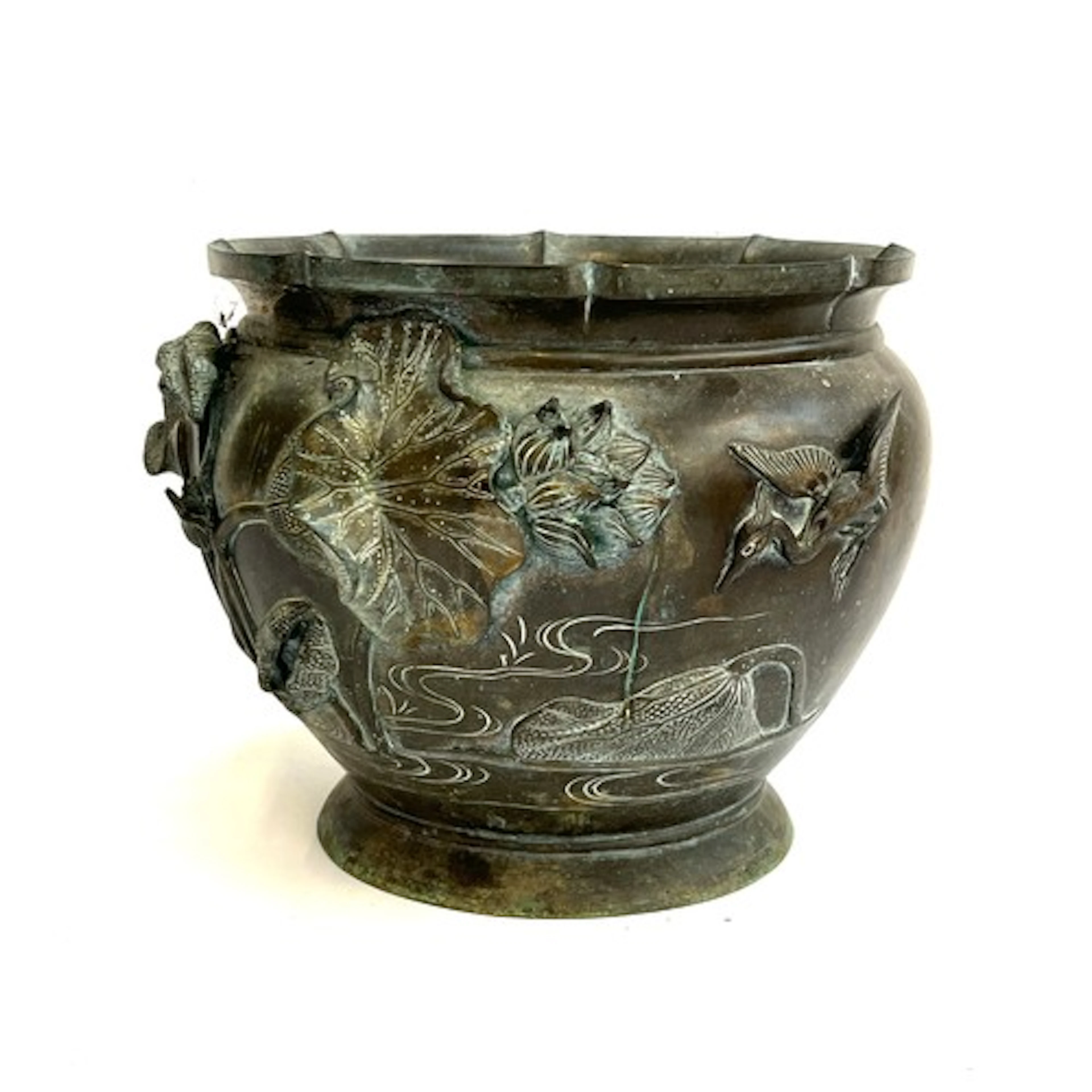 A Japanese Meiji era bronze vase with herons and lotus motif...