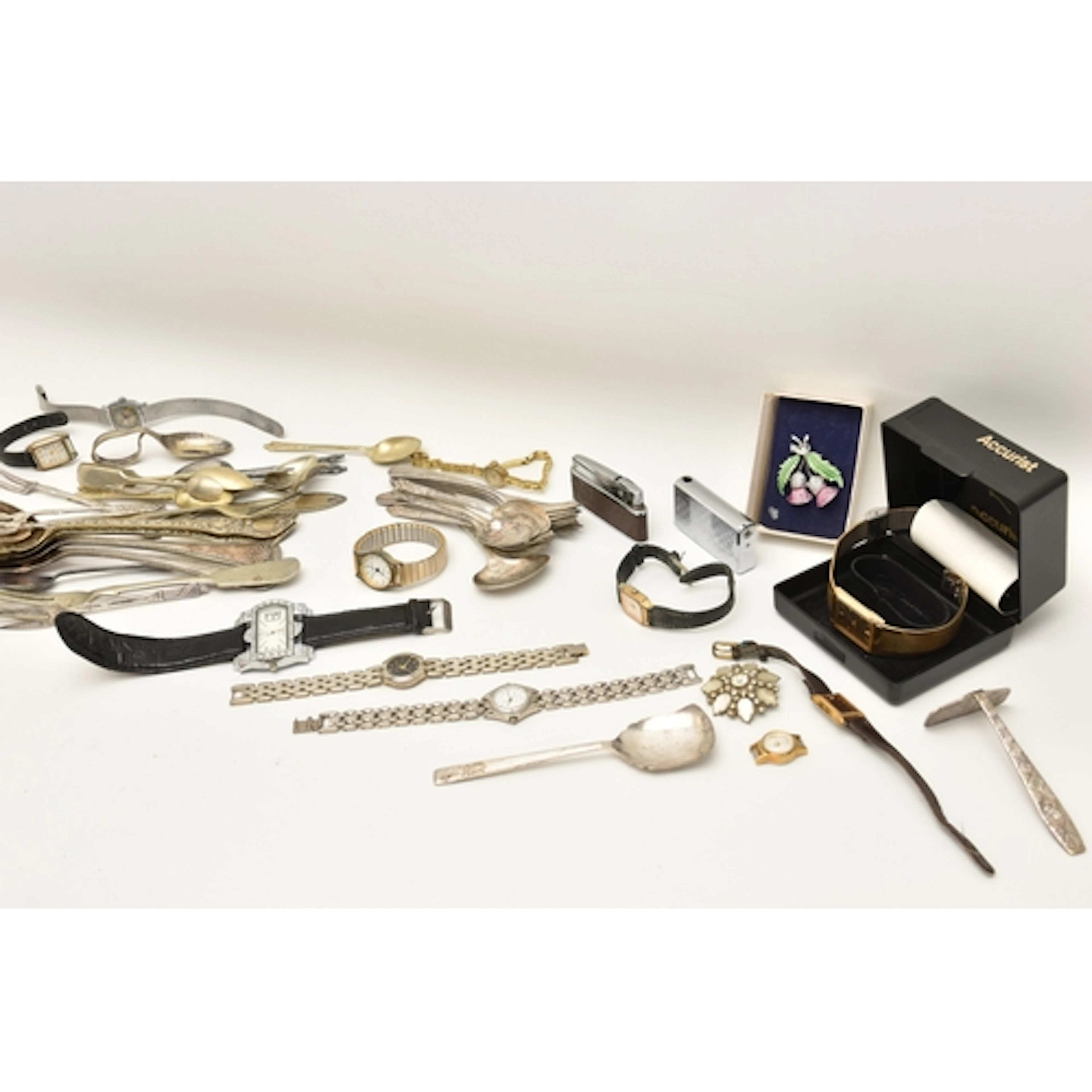 A BOX OF ASSORTED WATCHES AND CUTLERY, to include a small se...