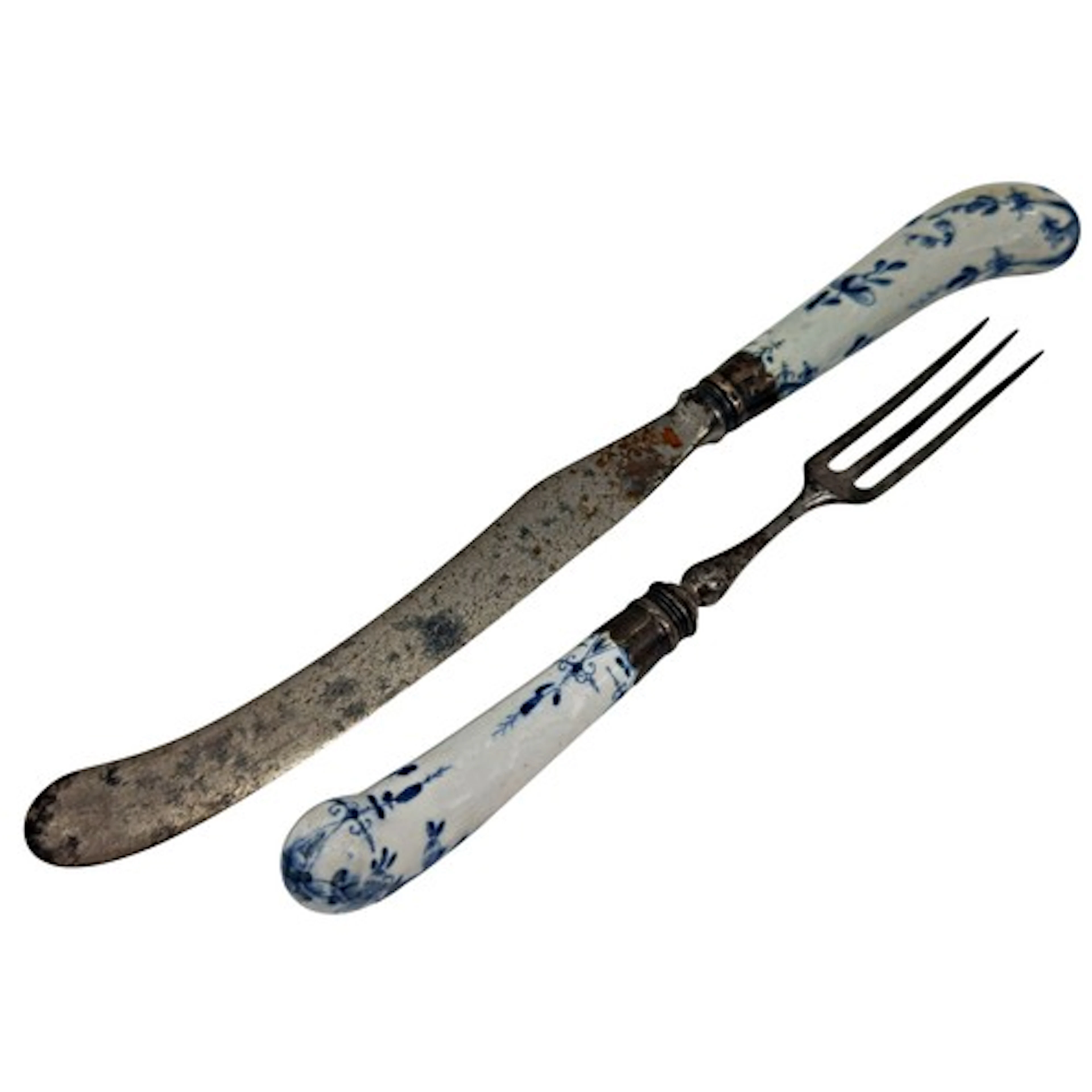 A rare Lowestoft porcelain knife and fork, each hand painted...