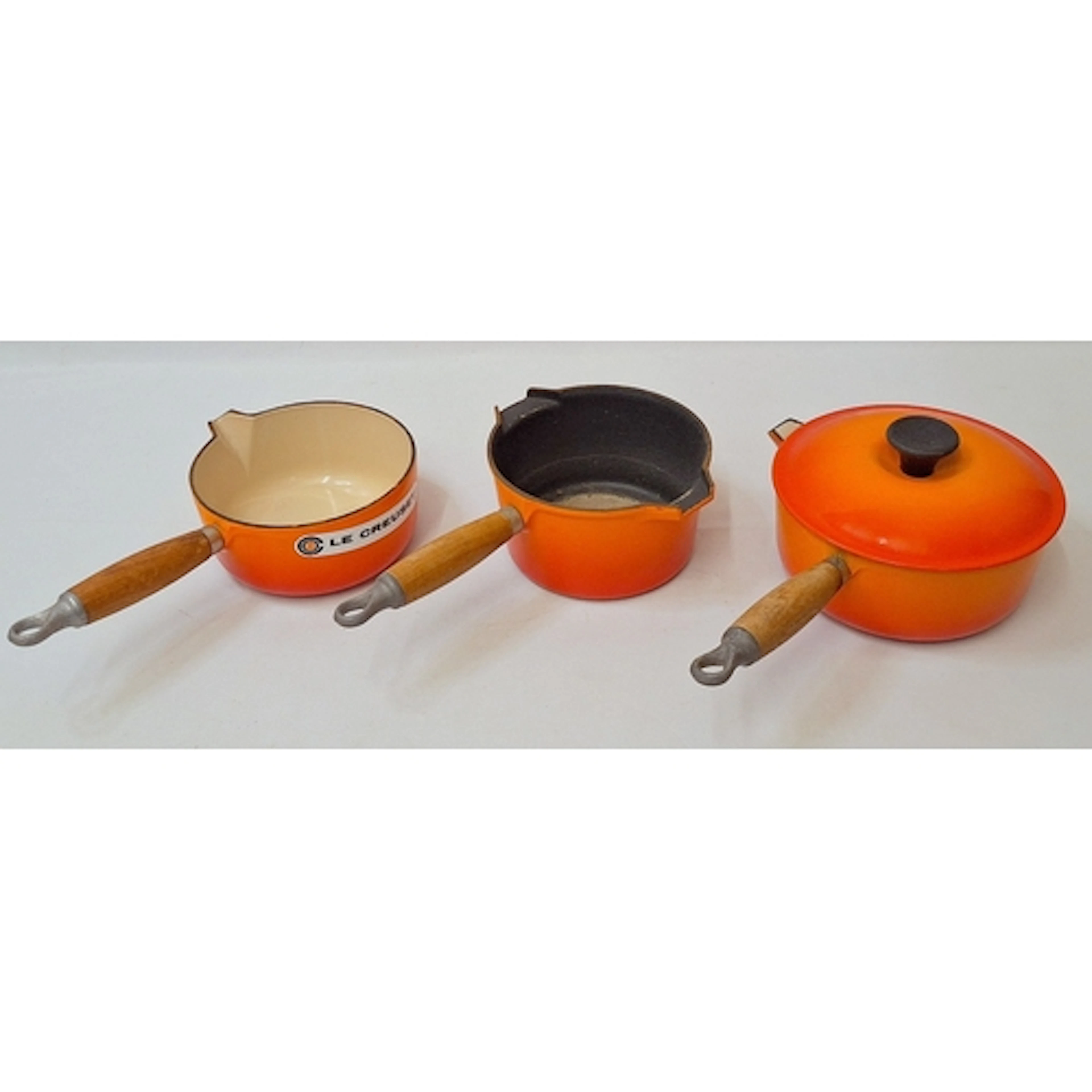 Volcanic Orange Le Creuset Saucepans, no. 16 with original l...