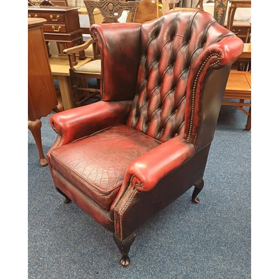 BUTTONED RED LEATHER WINGBACK ARMCHAIR WITH BRASS STUD WORK ...