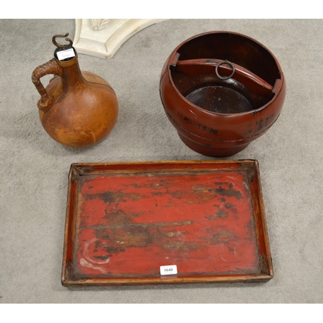 Chinese red lacquered bucket, similar rectangular tray, and ...