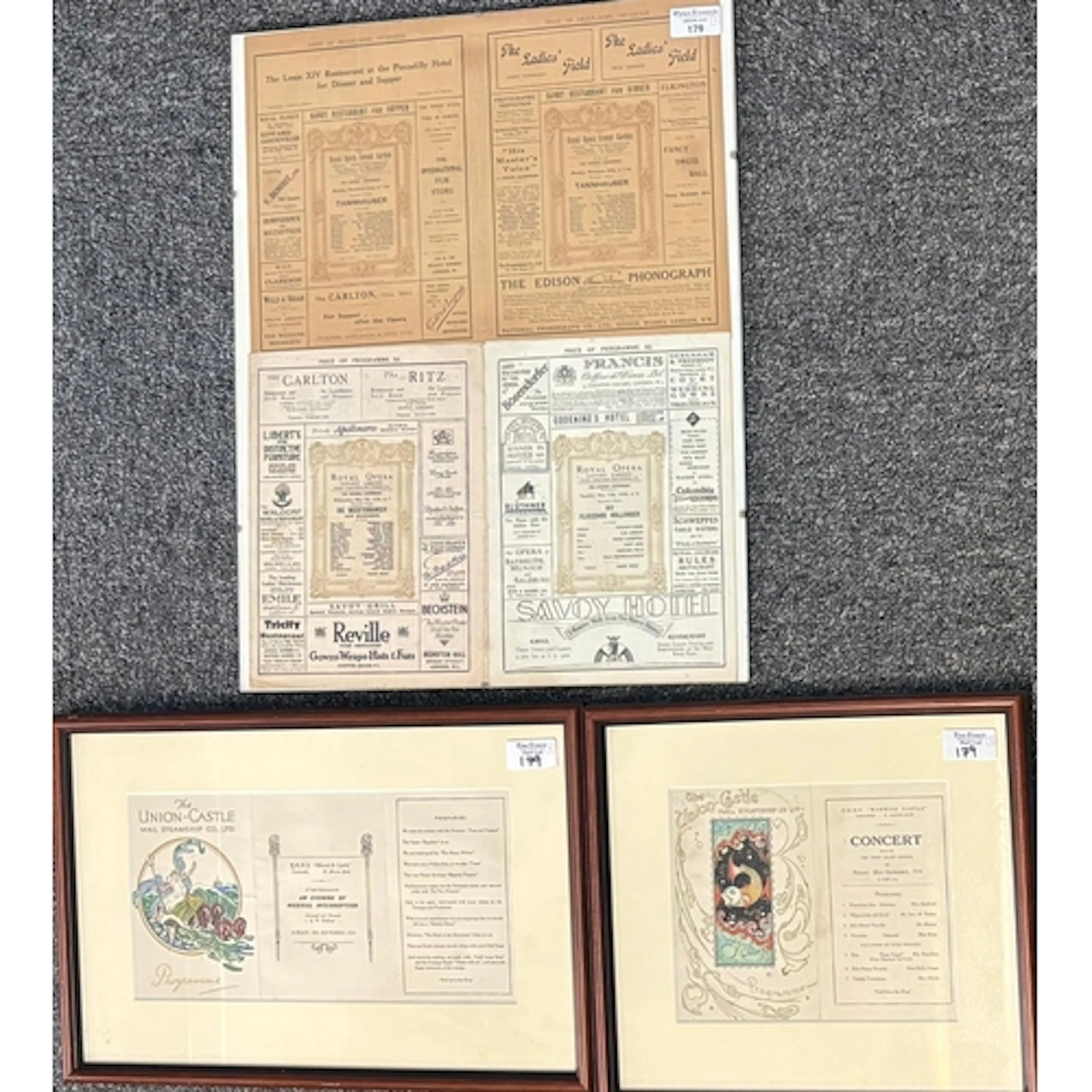 A group of assorted framed steam ship ephemera to include: p...