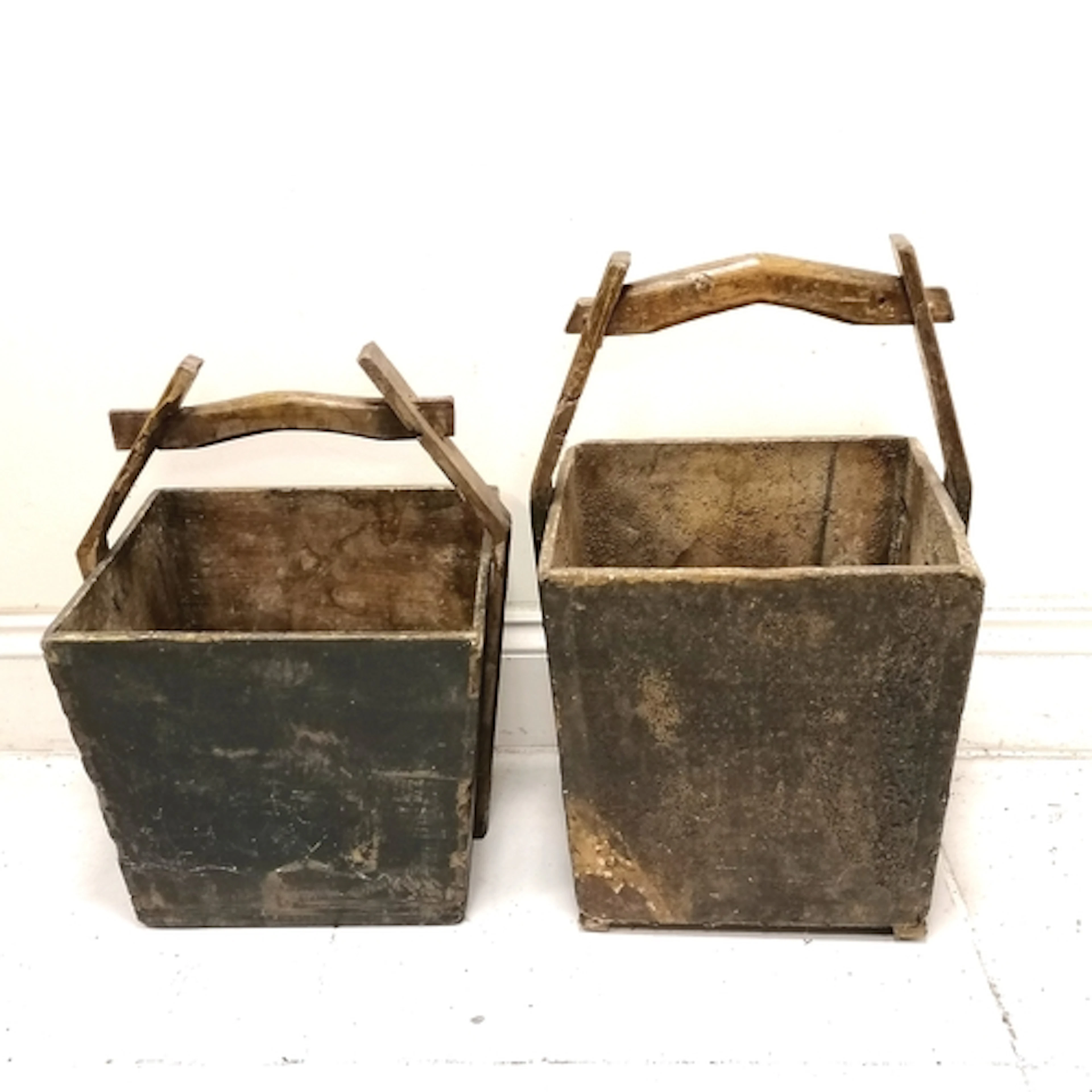 2 antique oriental wooden food carriers - smallest 39cm x 39...