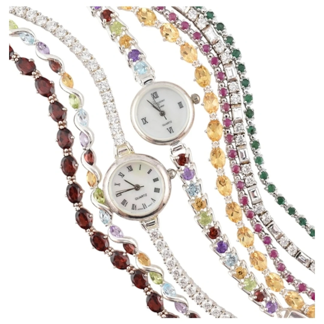 A selection of six silver gem set tennis bracelets and two s...