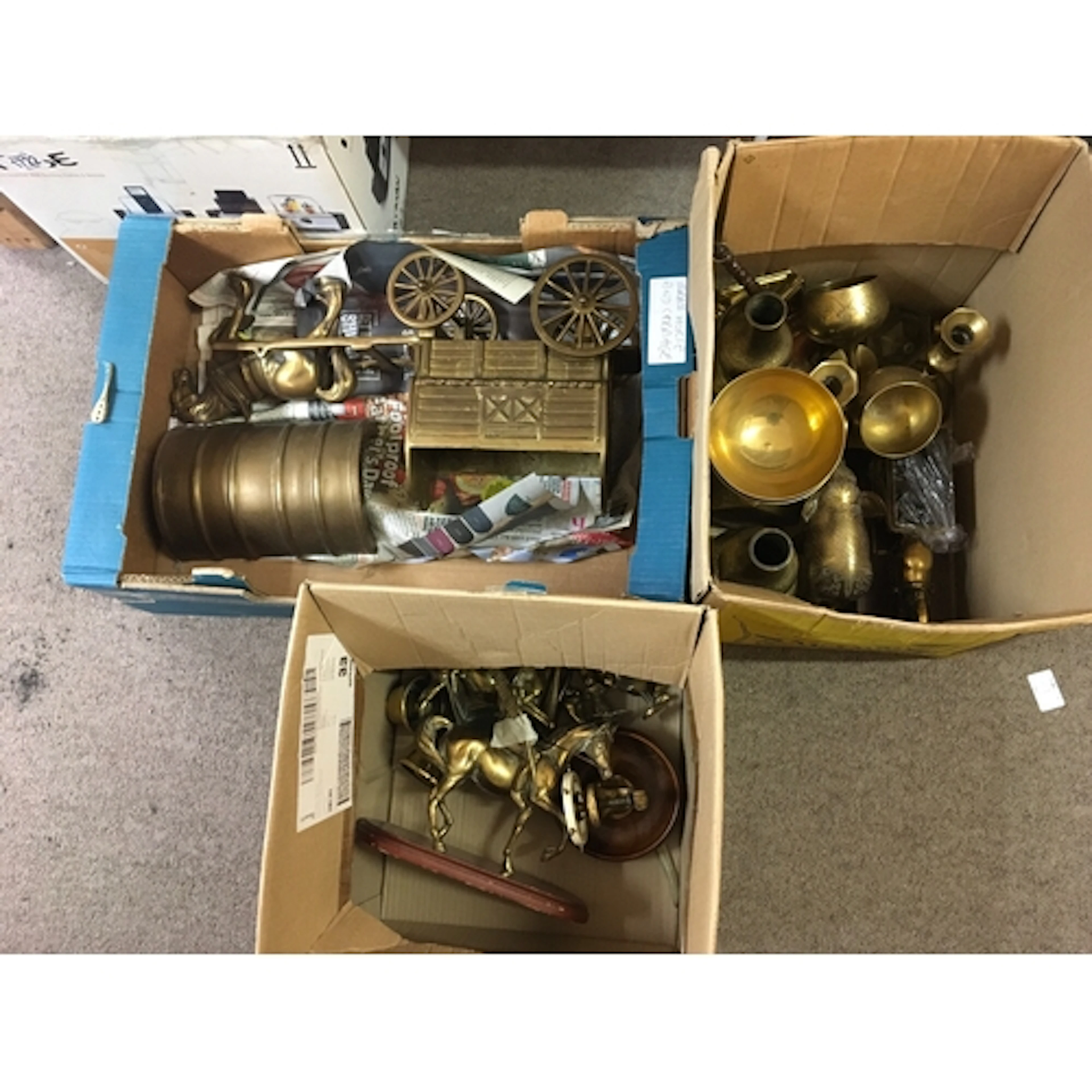 Three boxes of vintage brassware