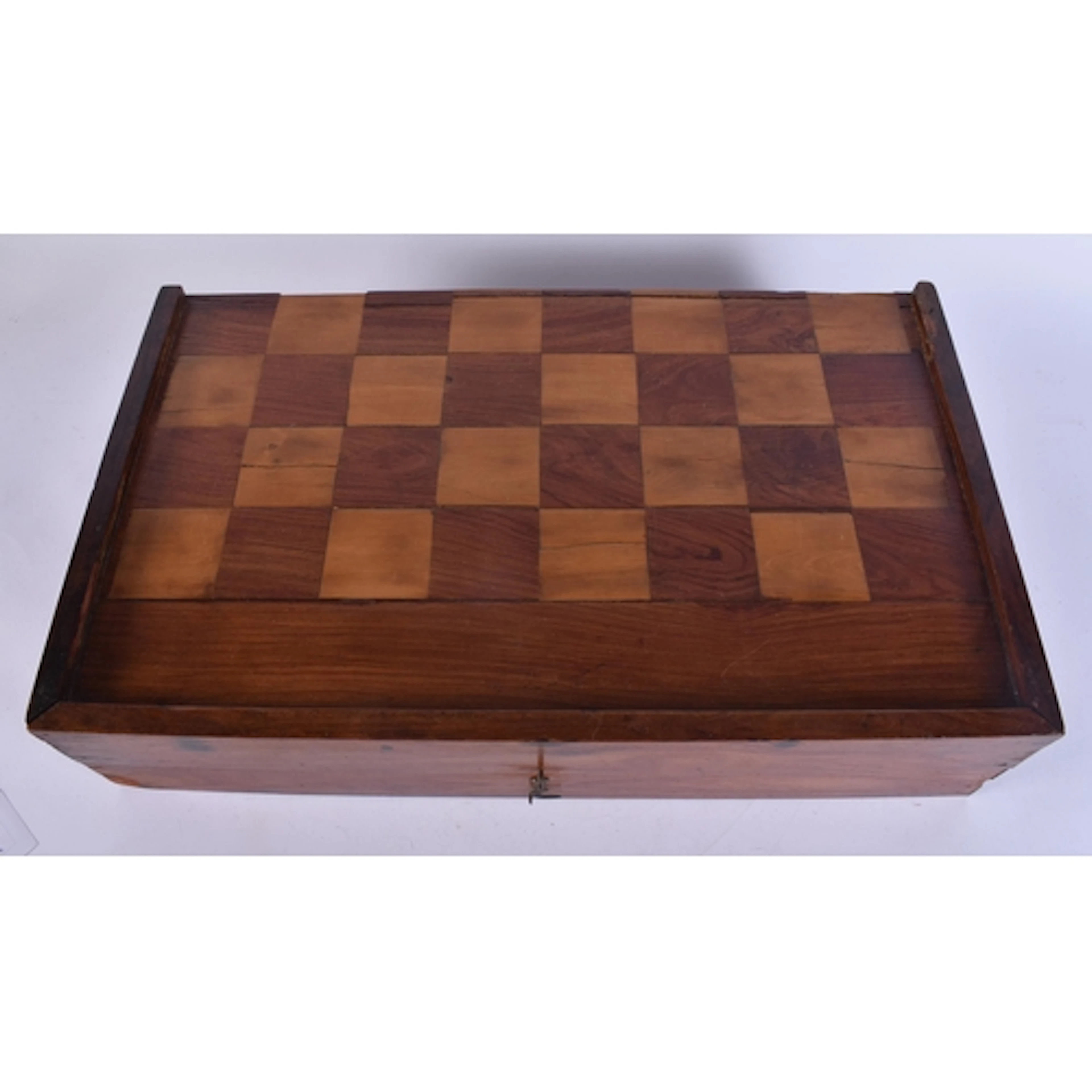 A LARGE ANTIQUE TEAK CASED GAMING BOARD with gaming pieces. ...
