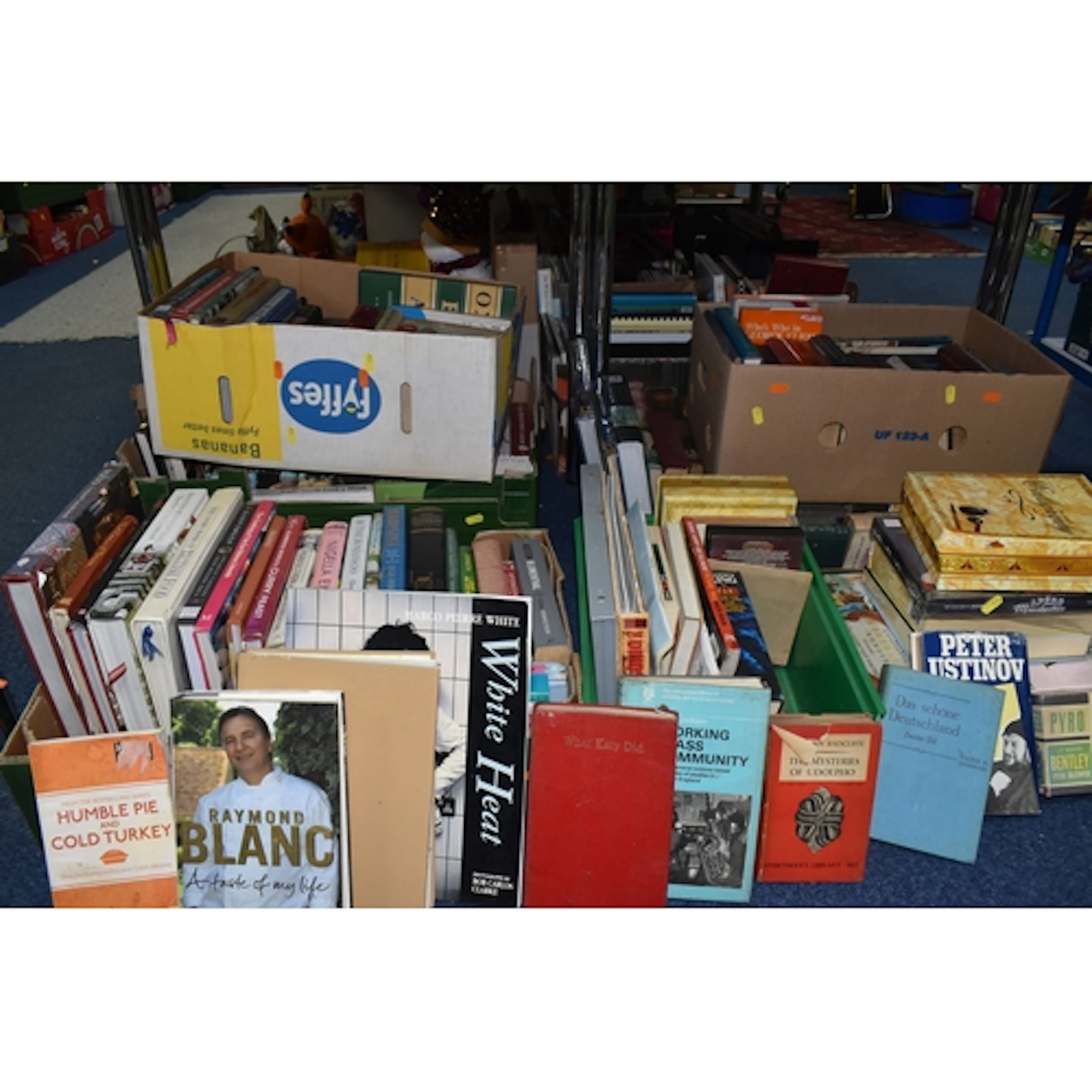 SIX BOXES AND LOOSE BOOKS AND SUNDRY ITEMS, to include appro...