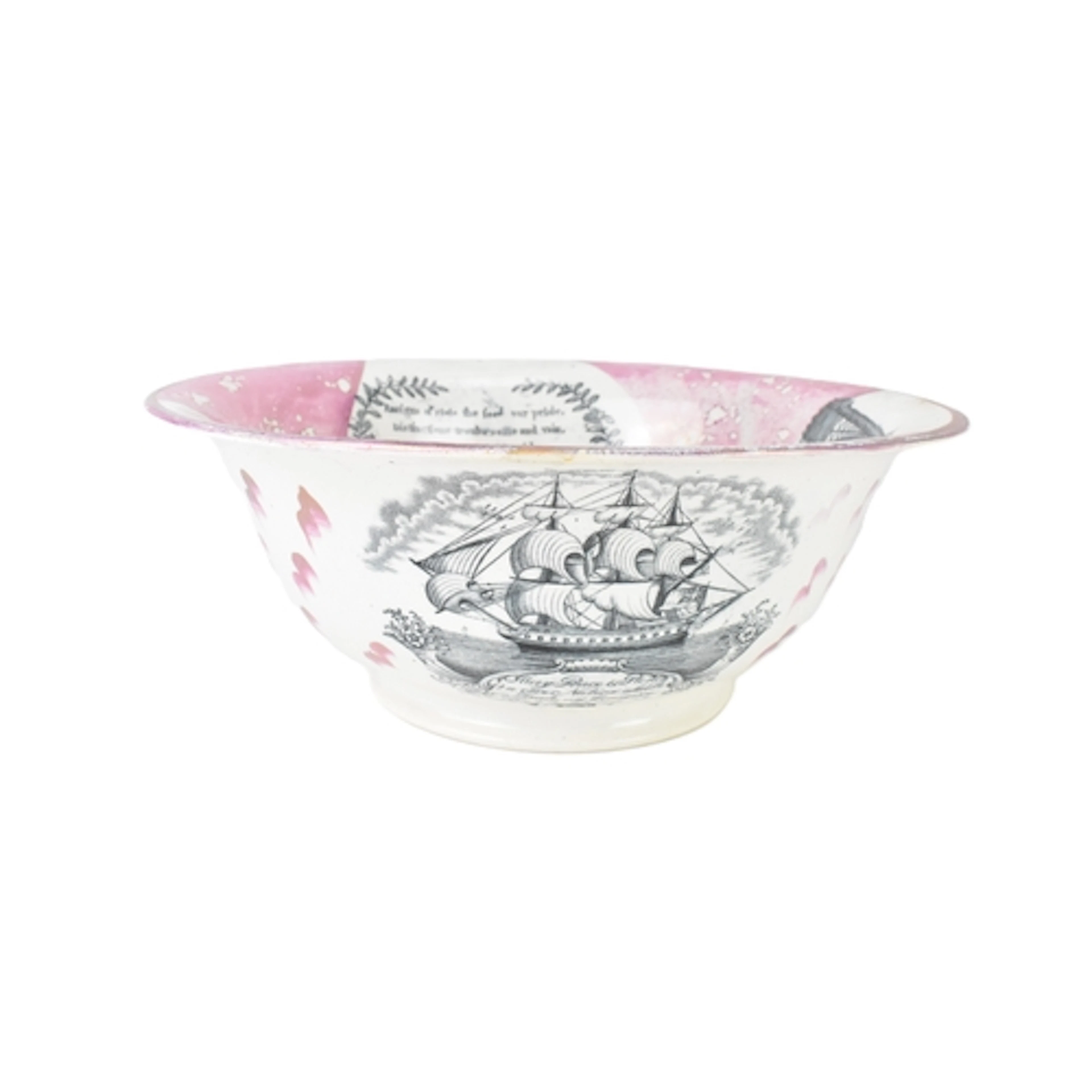A 19th century Sunderland pink lustreware sailor’s bowl, bla...