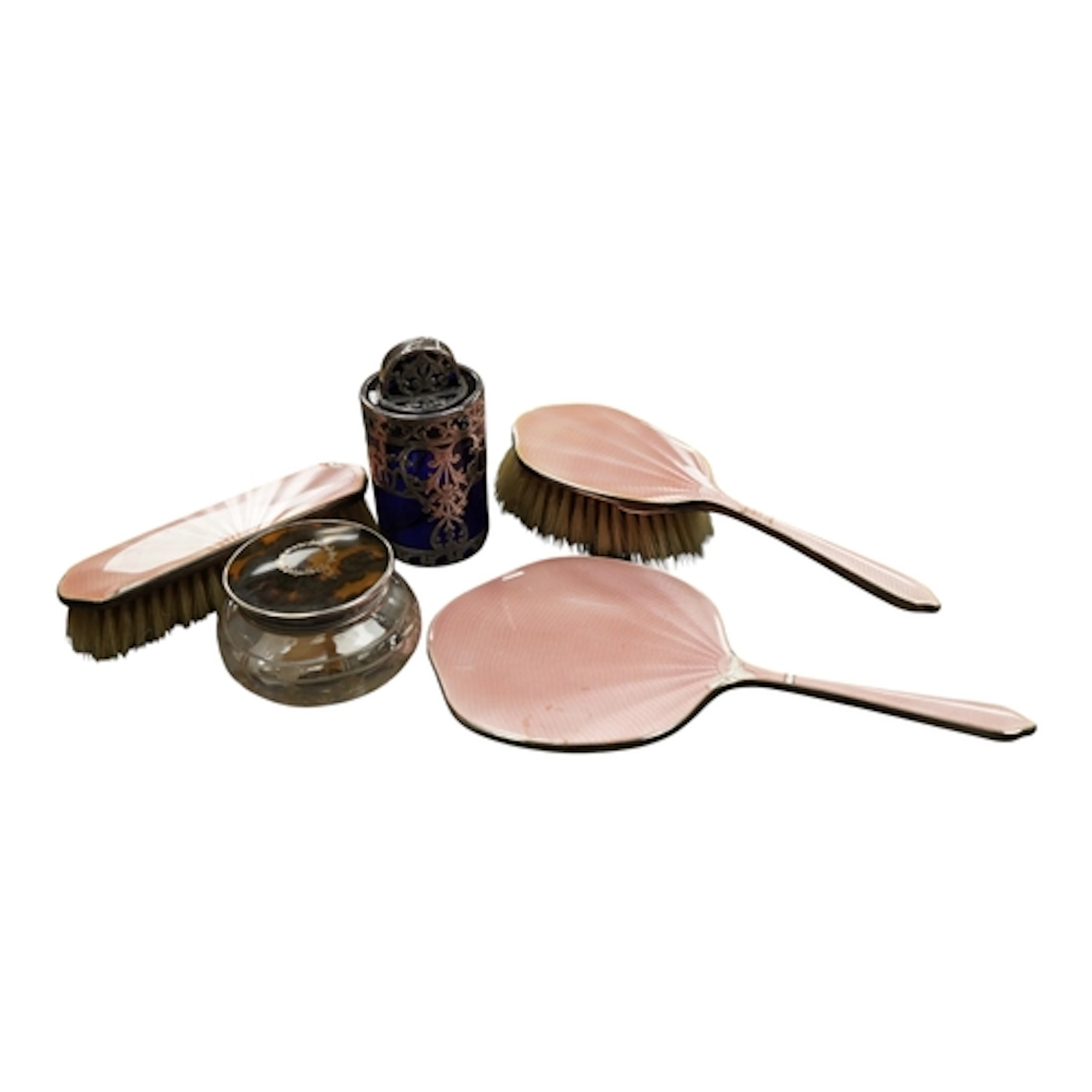 A George VI silver and guilloche enamel three piece dressing...