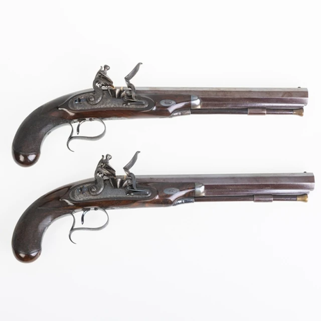 CASED PAIR OF FLINTLOCK DUELLING PISTOLS BY W. KETLAND & CO....