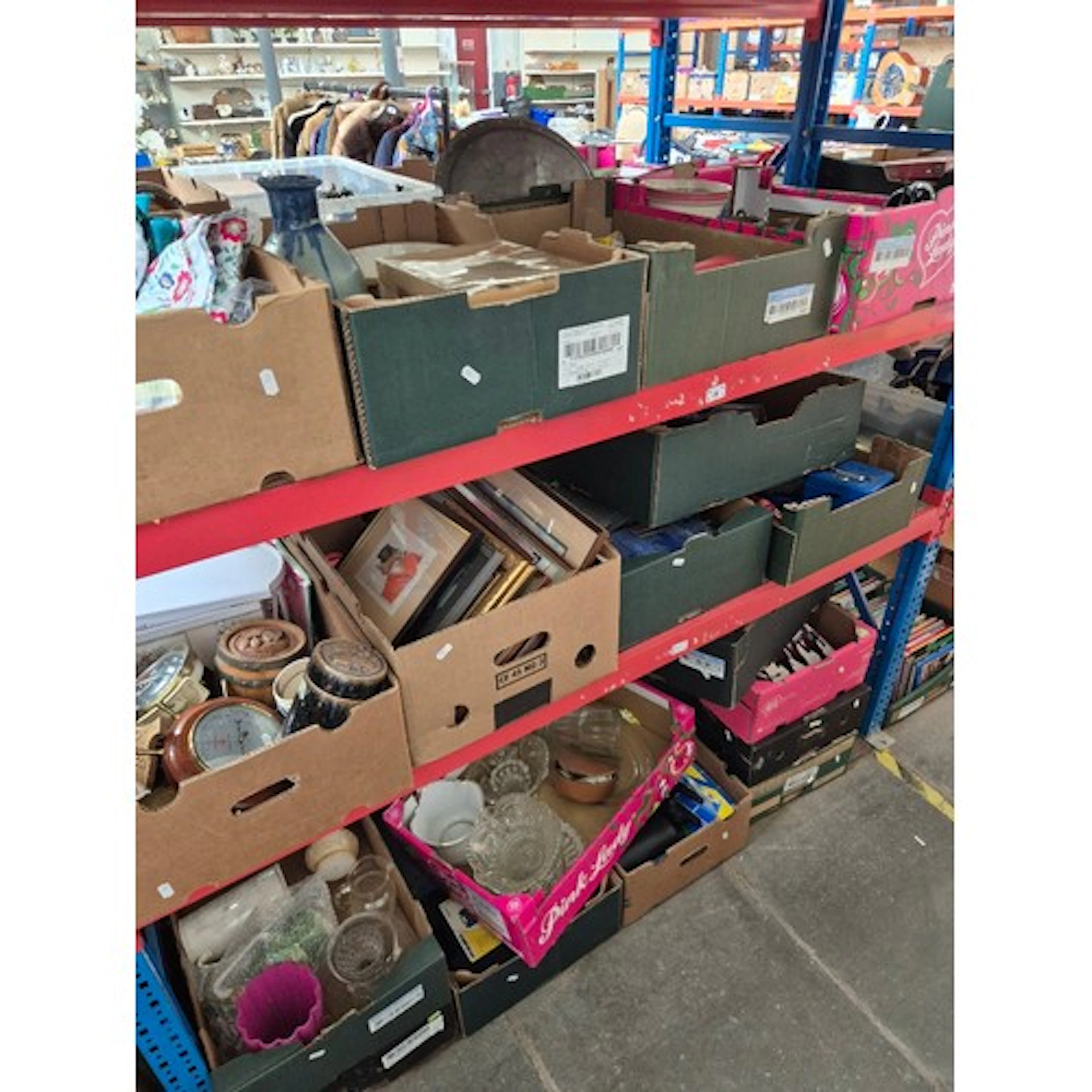 3 shelves (18 boxes) of mixed items including LPs, books, pi...