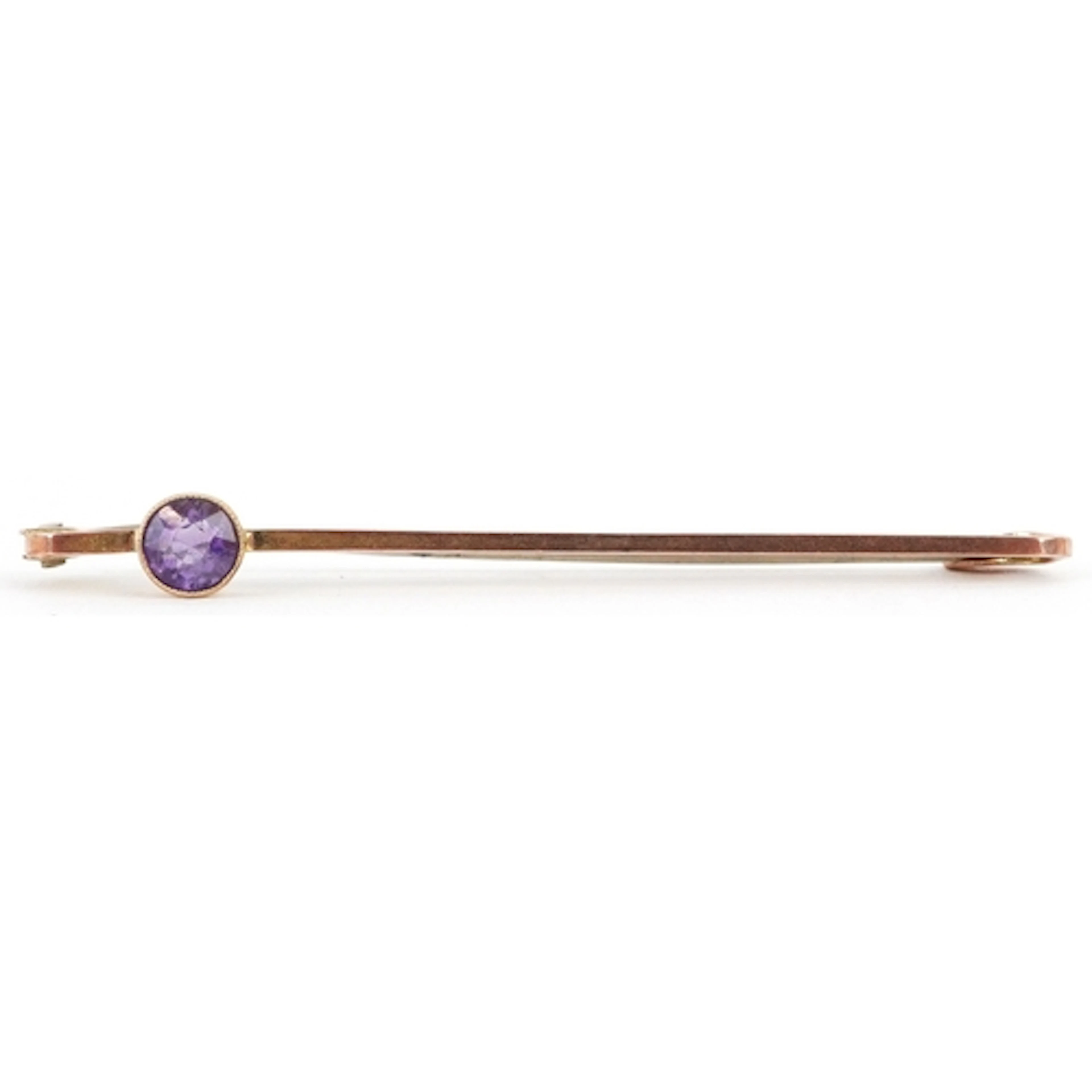 Antique 9ct gold amethyst bar brooch, 4.9cm wide, 1.5g.