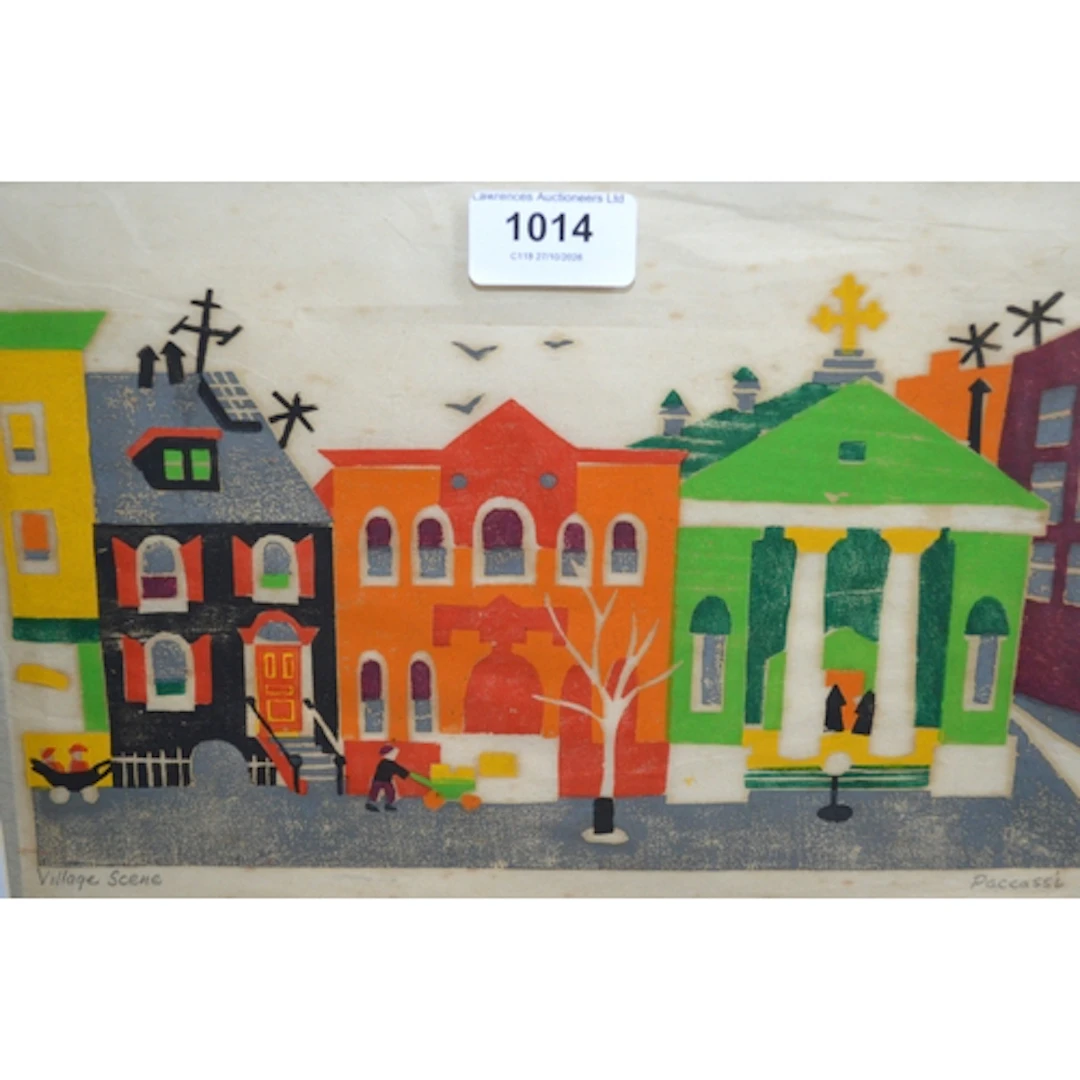 Virginia Paccassi, signed linocut / woodcut print, village s...