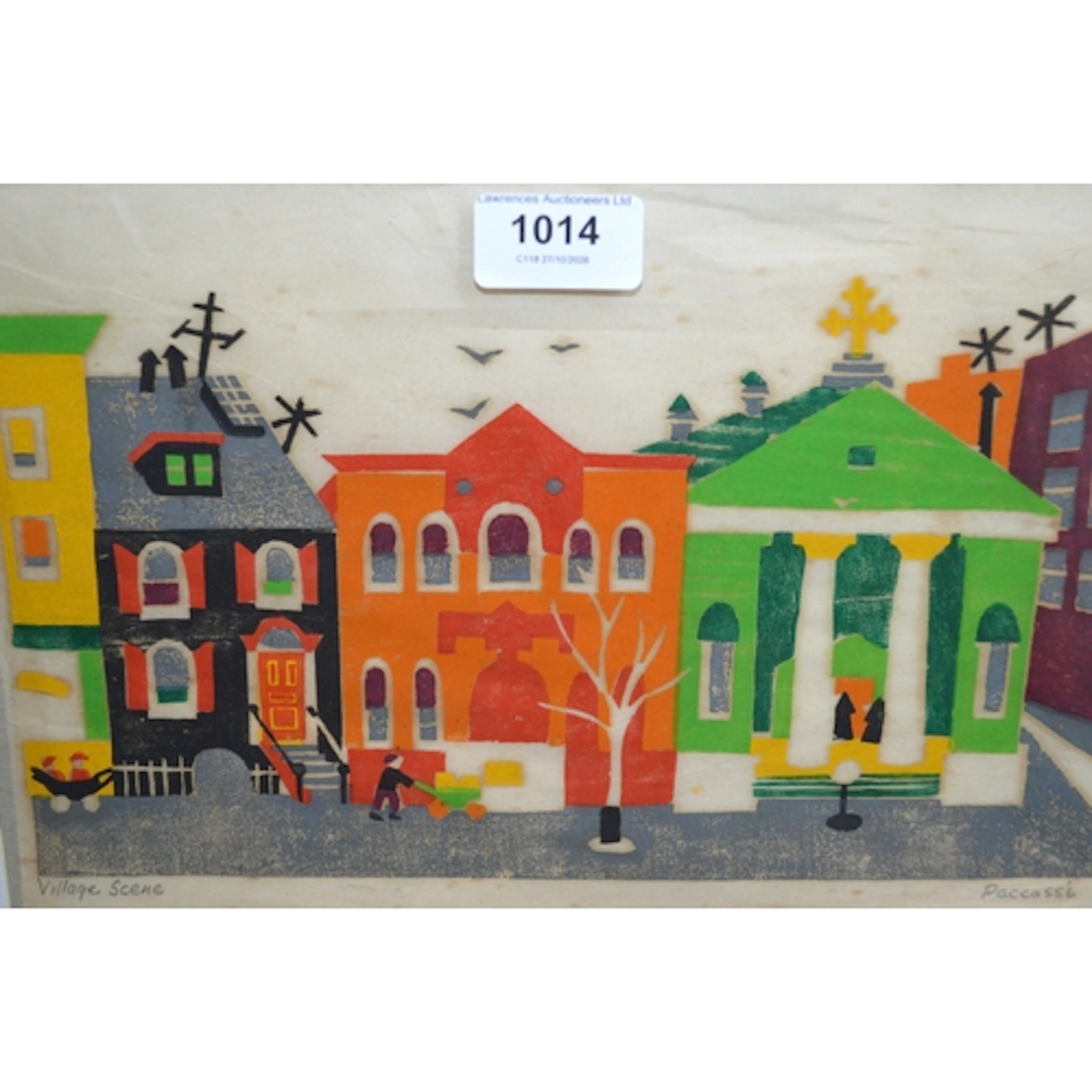 Virginia Paccassi, signed linocut / woodcut print, village s...