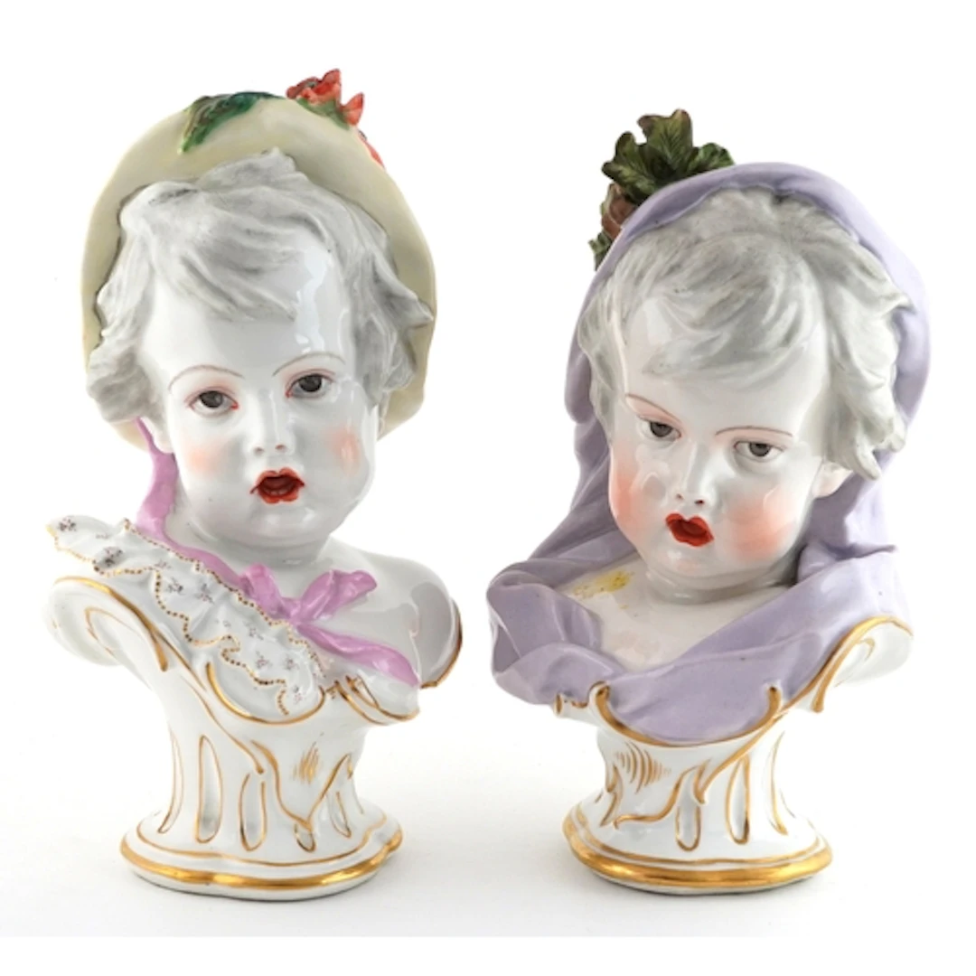 Two Samsom Meissen style porcelain busts of young females, u...