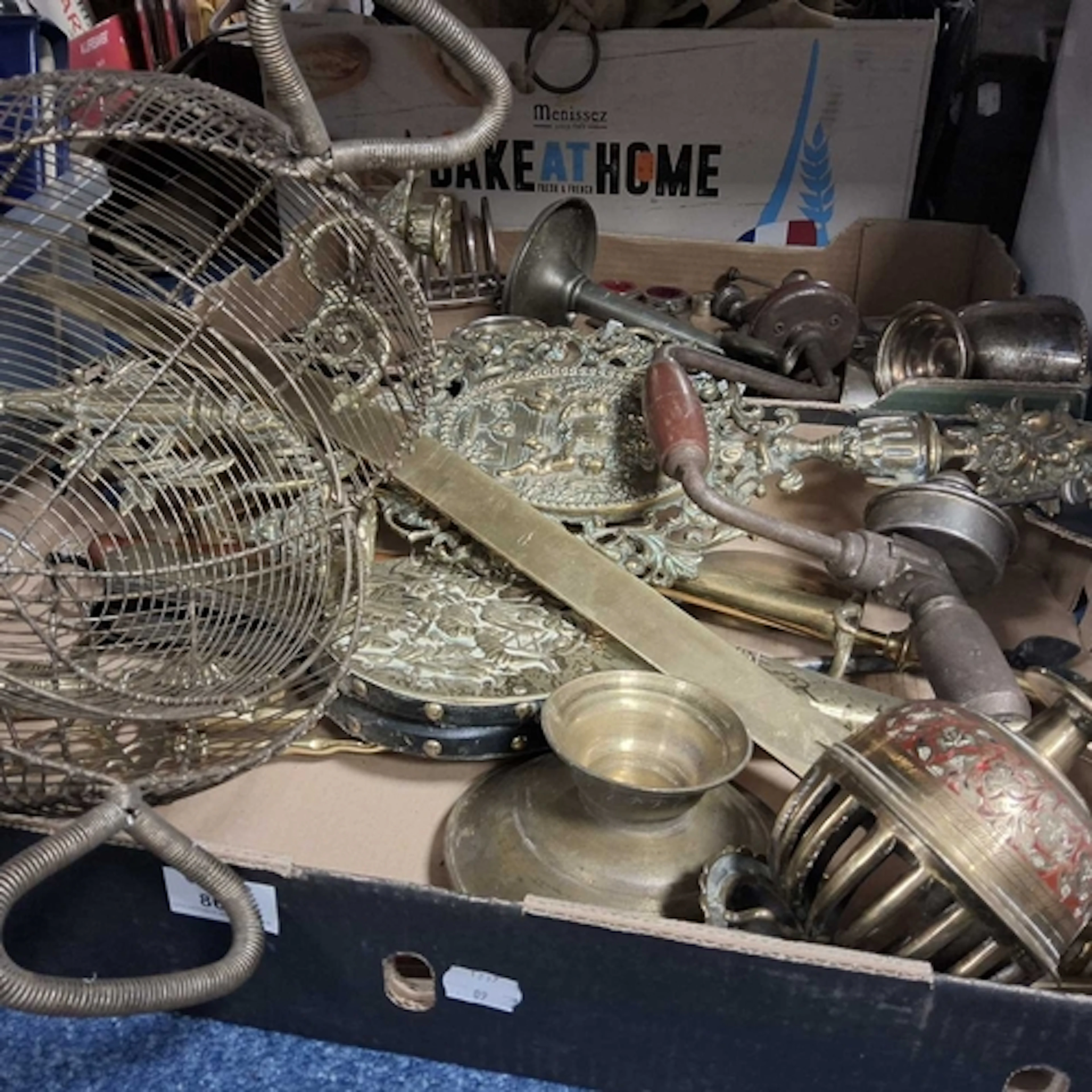 TWO TRAYS OF METALWARE to include fireside companion utensil...
