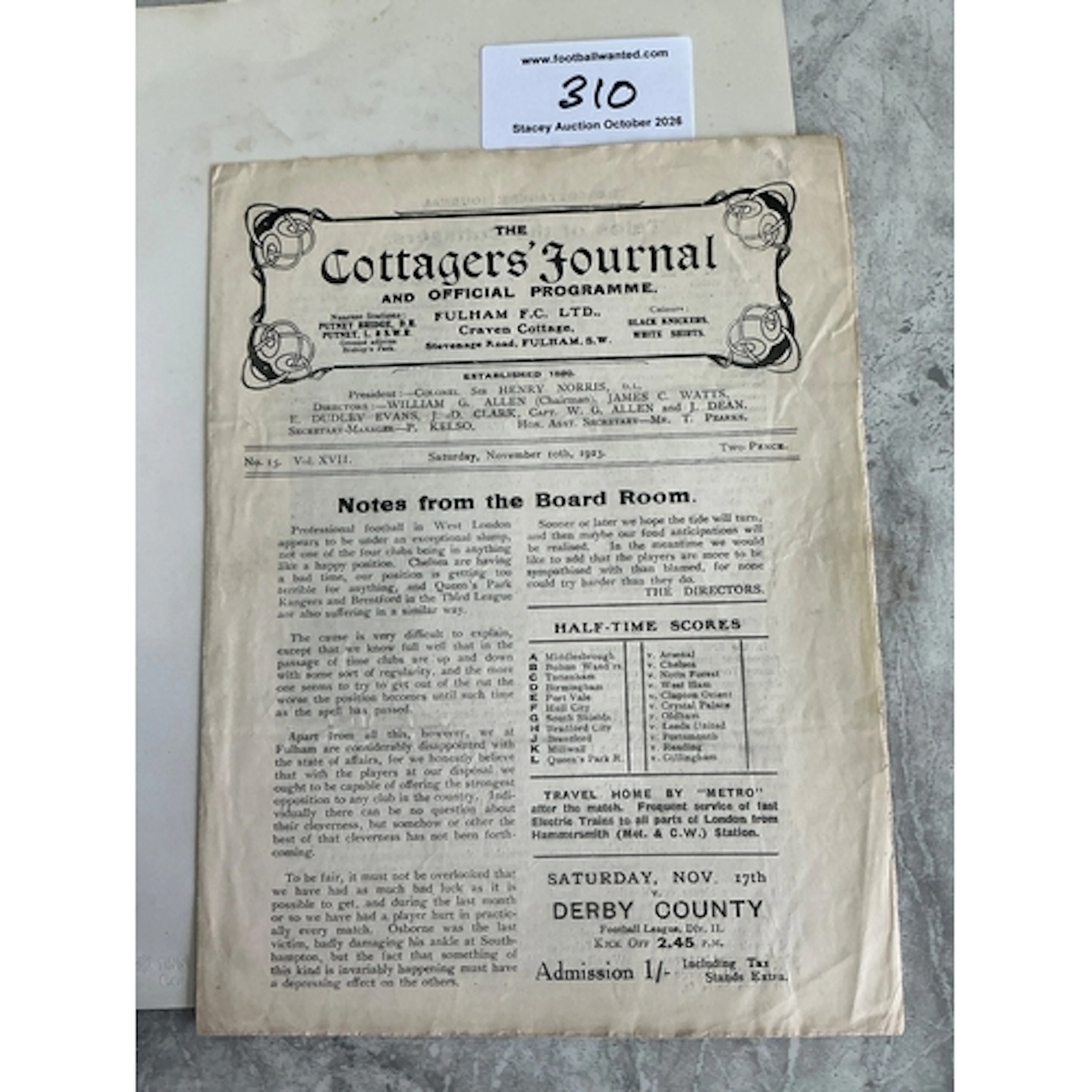 1923 - 1924 Fulham v Southampton Football Programme: Good co...
