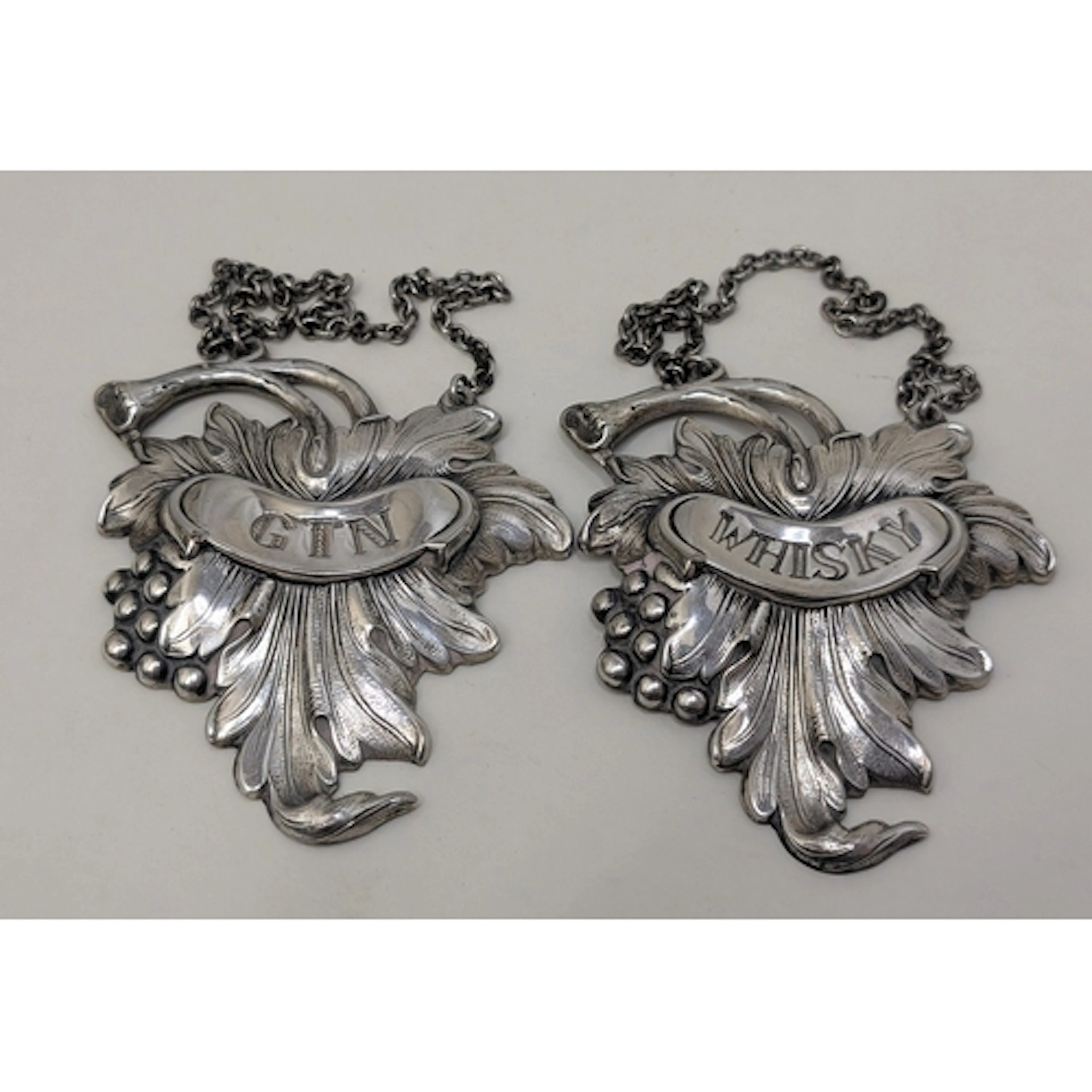 Silver Gin & Whisky Decanter Labels shaped as grapes & leave...