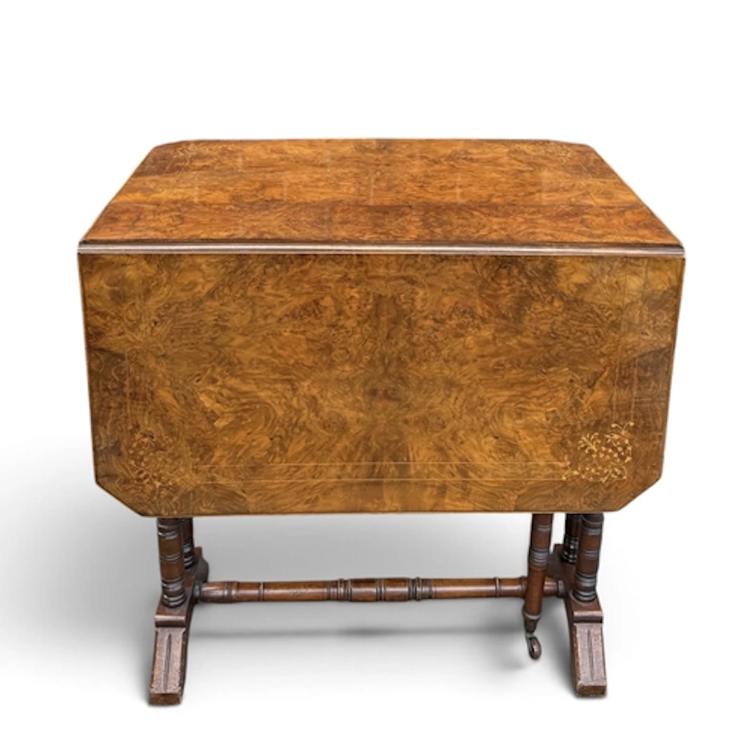 A VICTORIAN WALNUT SUTHERLAND TABLE With satinwood inlay. 67...