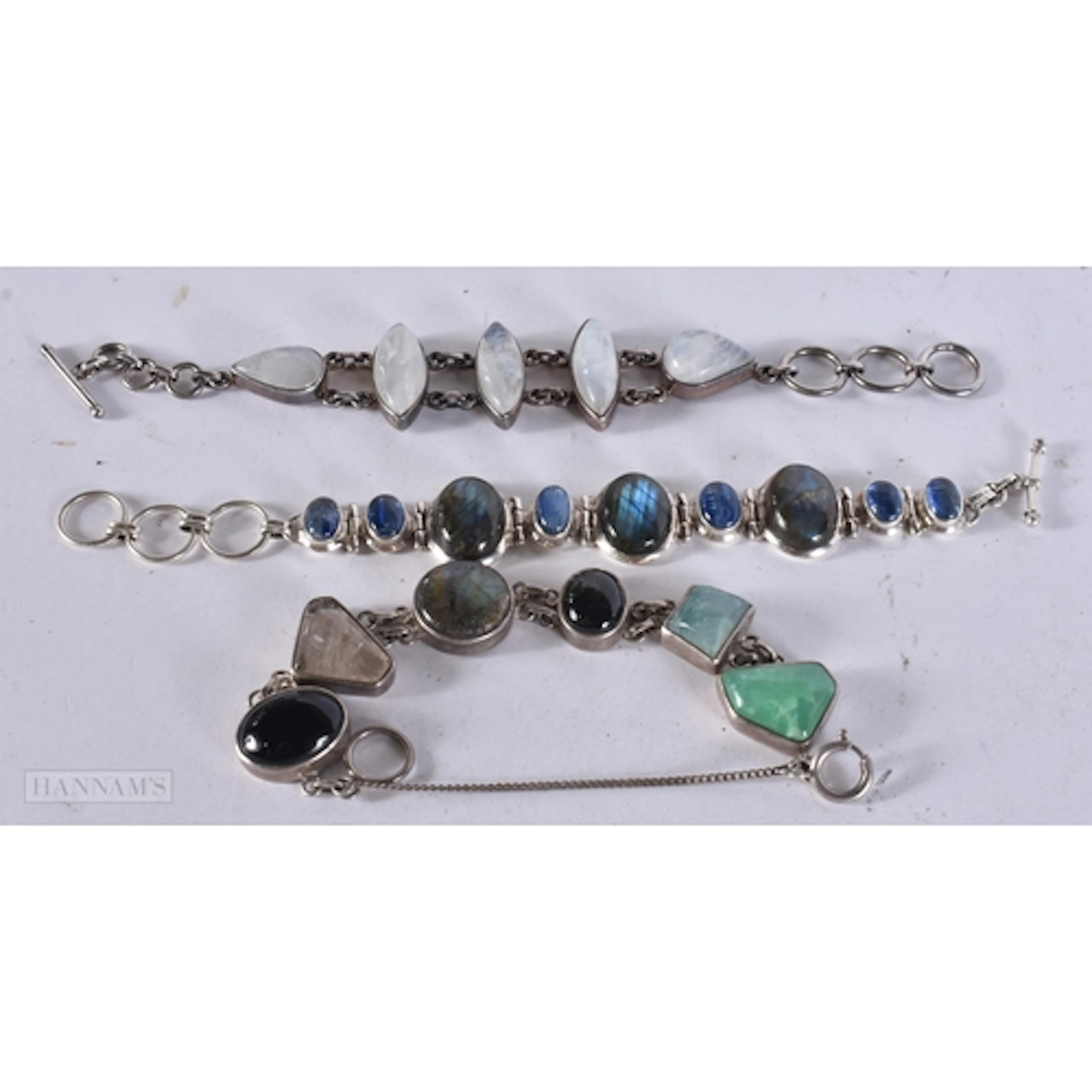 Three Sterling Silver Gemstone Bracelets inc. Moonstone, Lab...