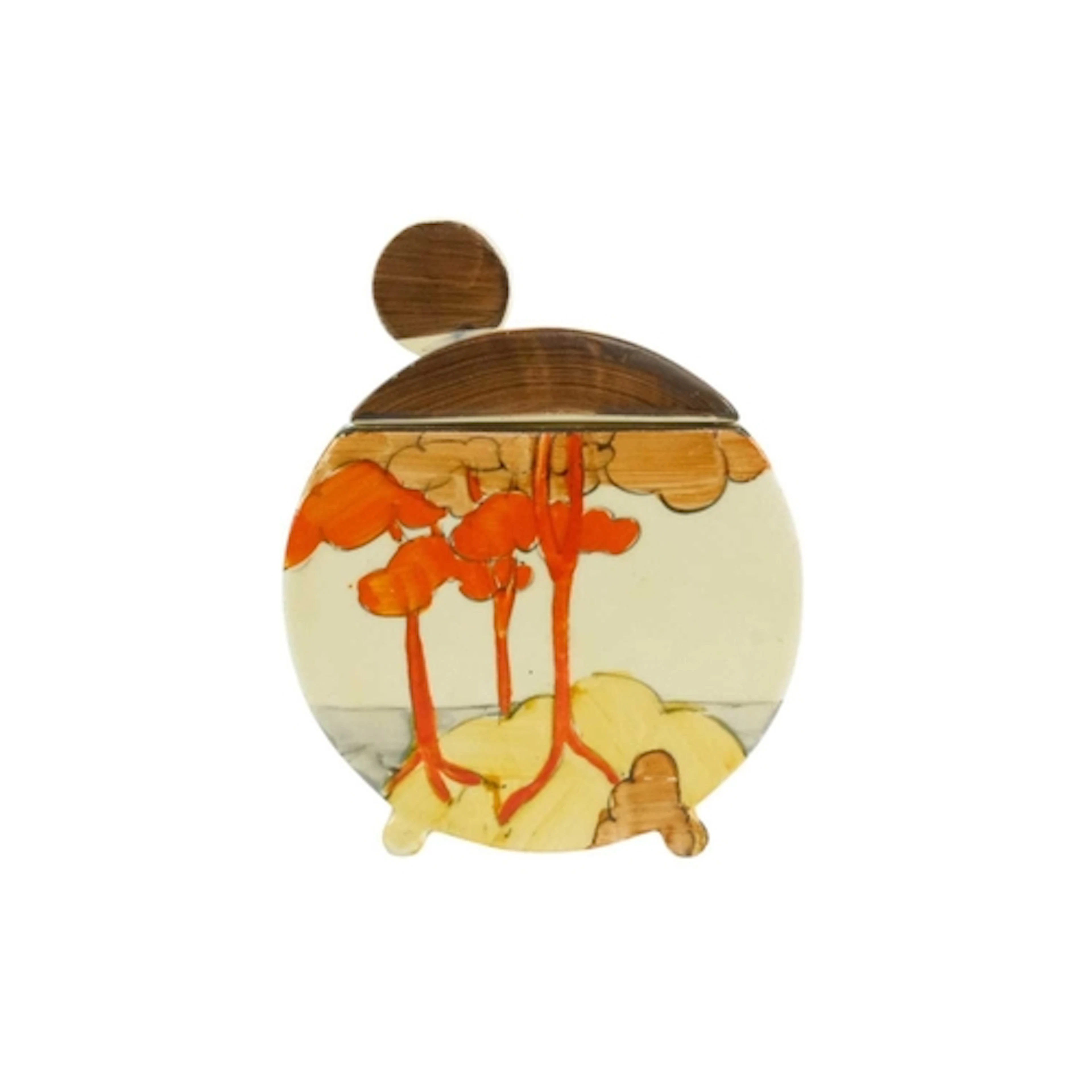 A Clarice Cliff Coral Firs pattern preserve pot and cover. C...