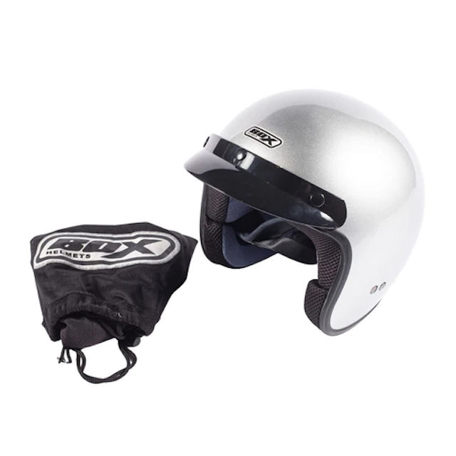 A Box silver open face helmet, size L with dust bag.