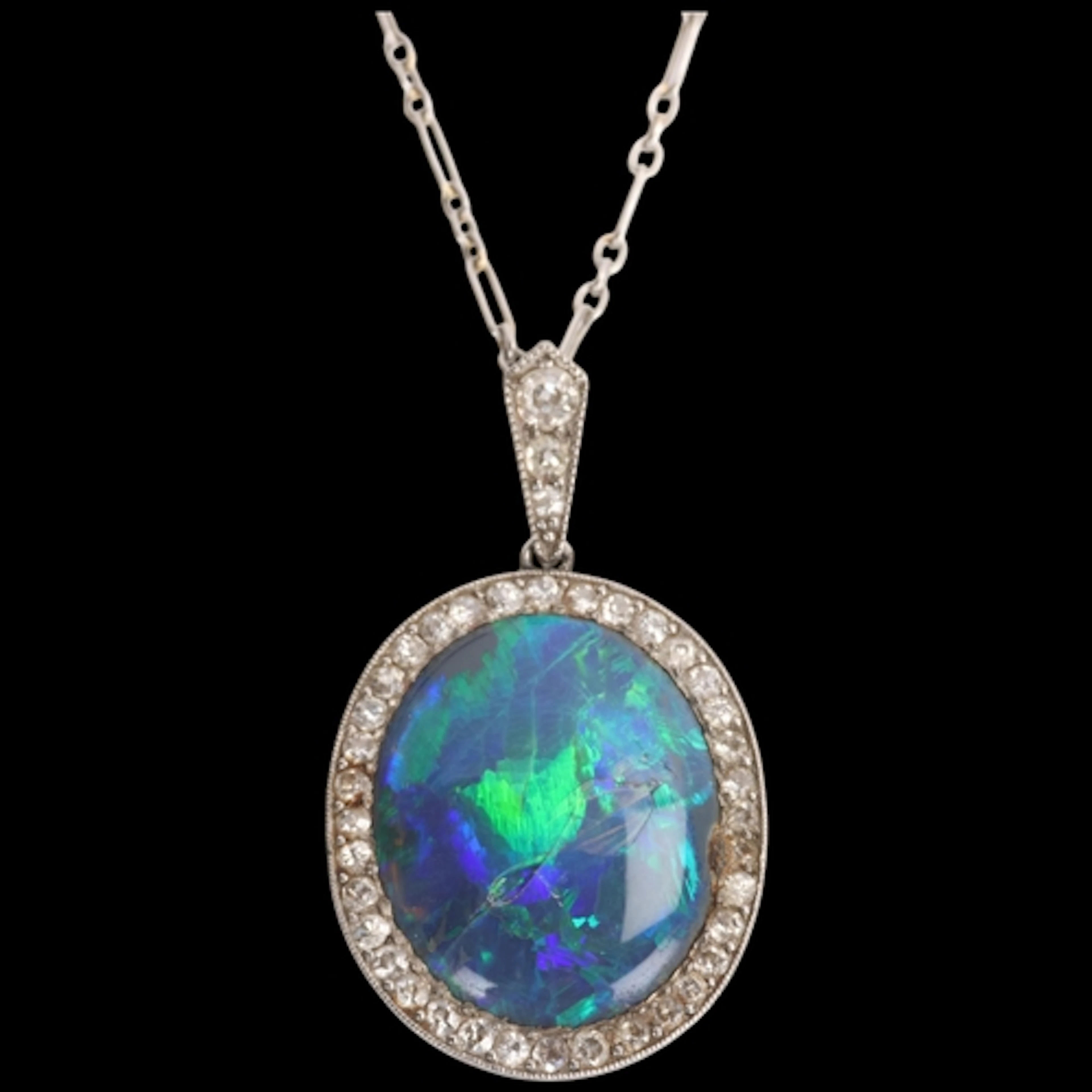 A Belle Epoque black opal and diamond cluster pendant neckla...