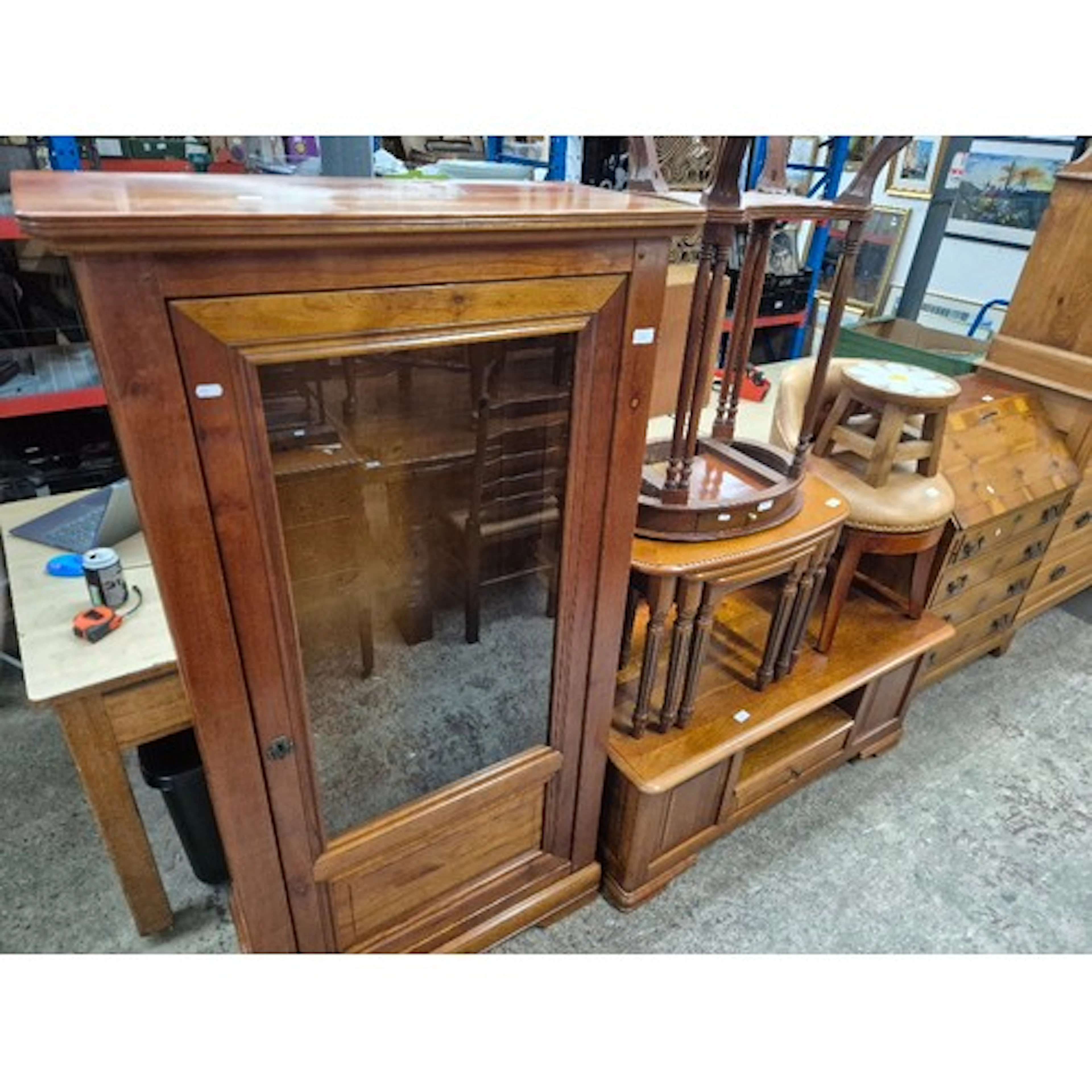 A mixed lot to include a bureau, oak stool with painted flow...