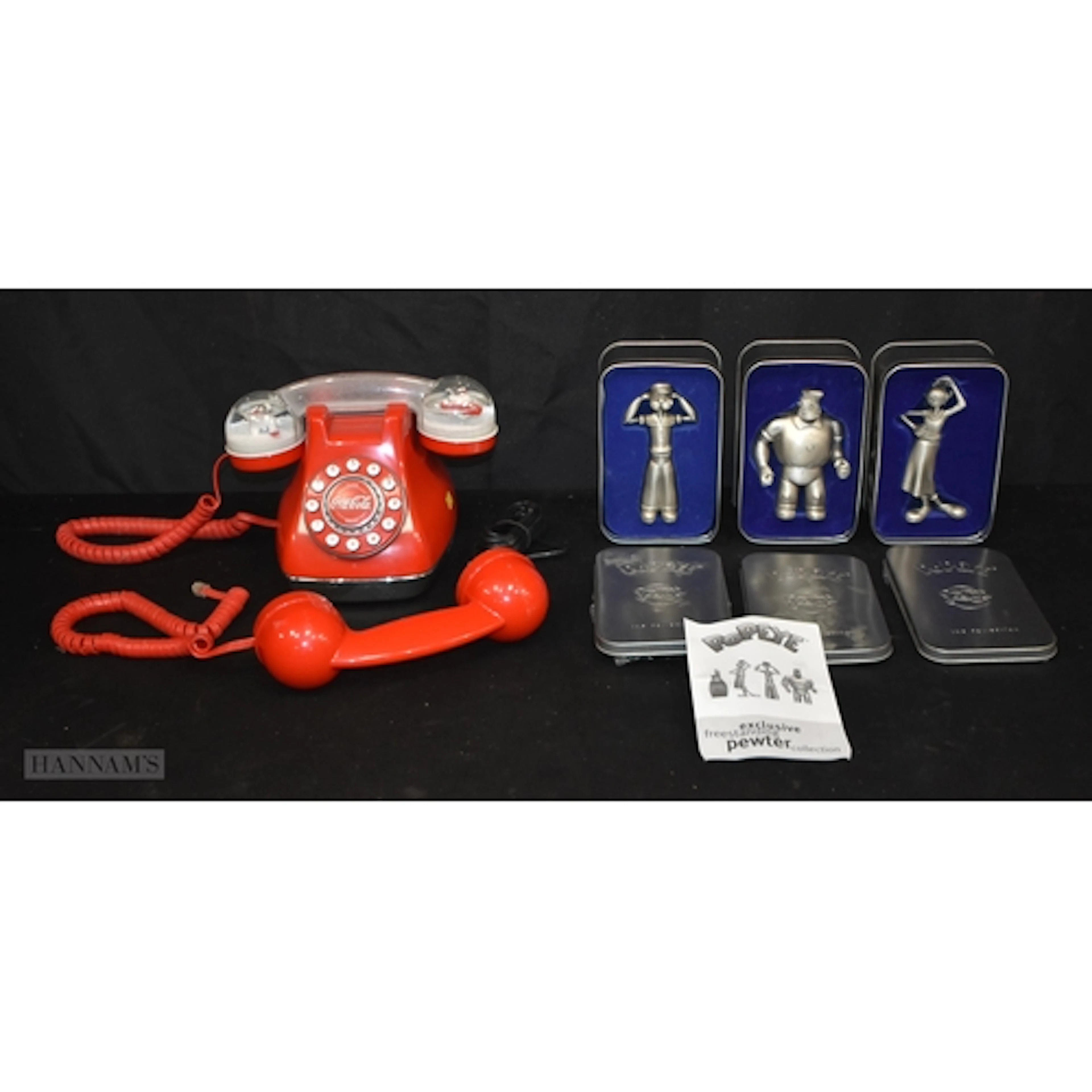 A Coca Cola Snow globe phone together with 3 boxed Pewter Po...