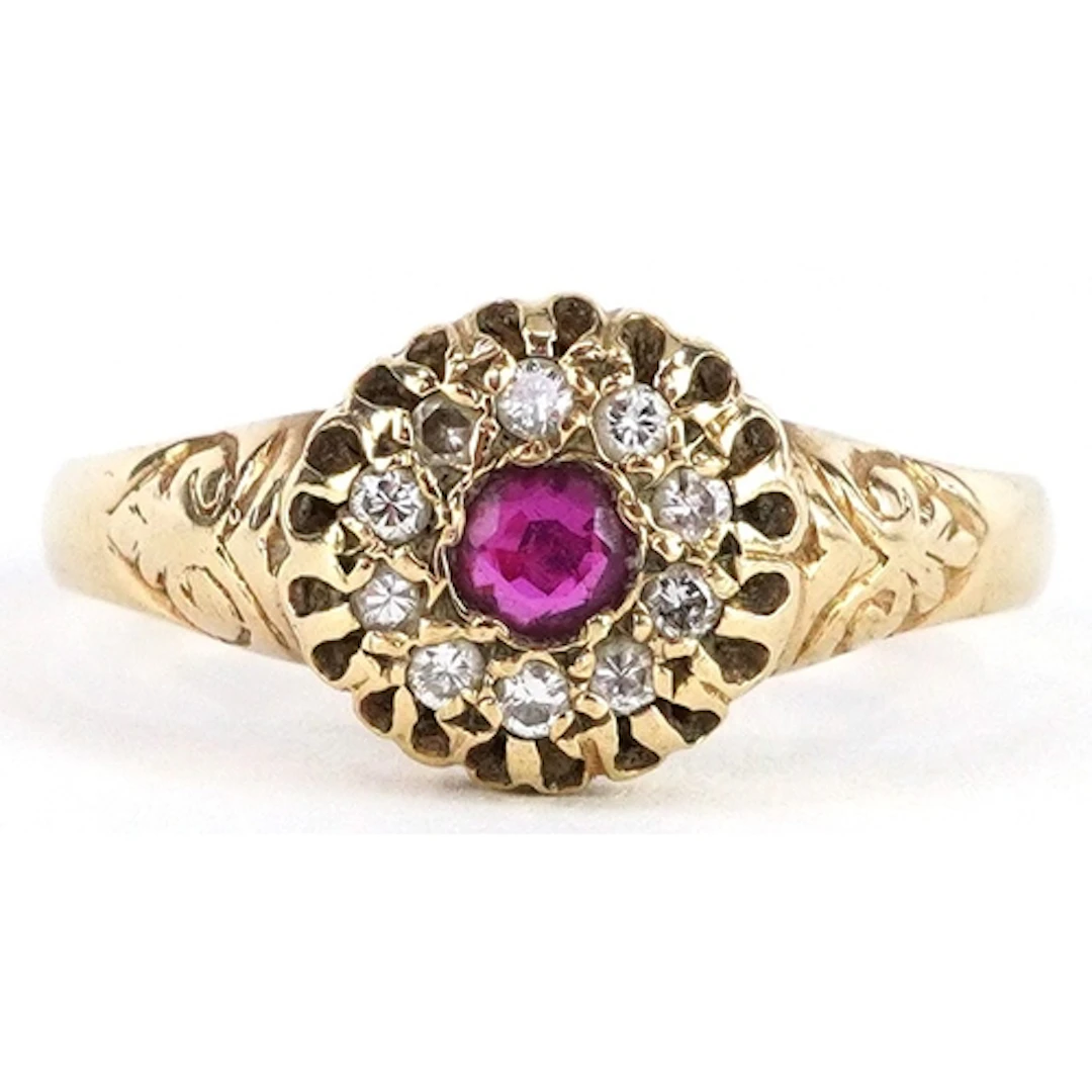 9ct gold diamond and pink spinel cluster ring, size O, 2.6g.