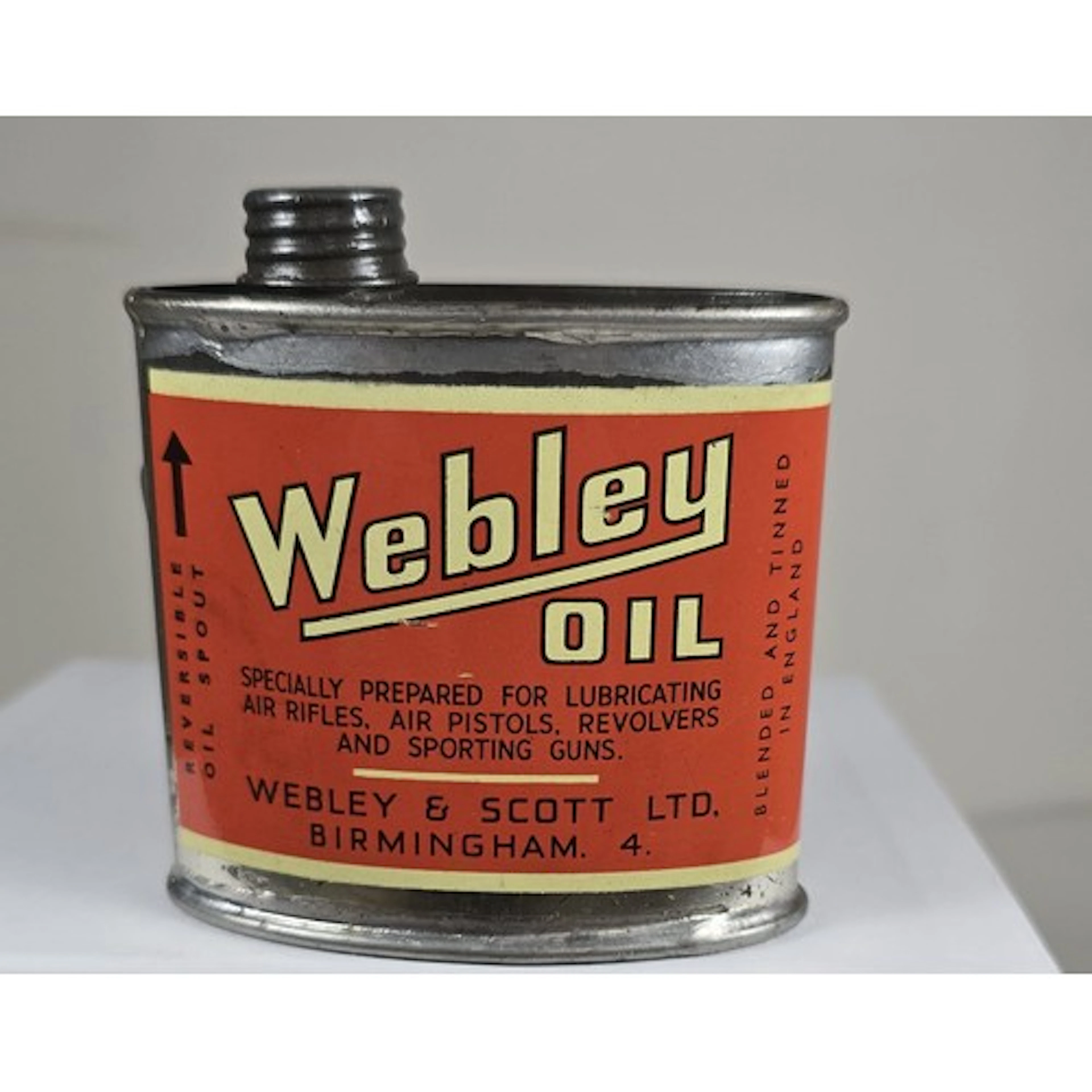 A very rare pre-war Webley oval orange Oil Can with reversib...