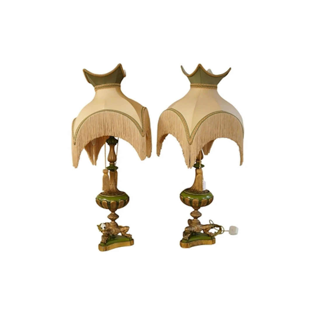 A pair of Empire style painted spelter table lamps and shade...
