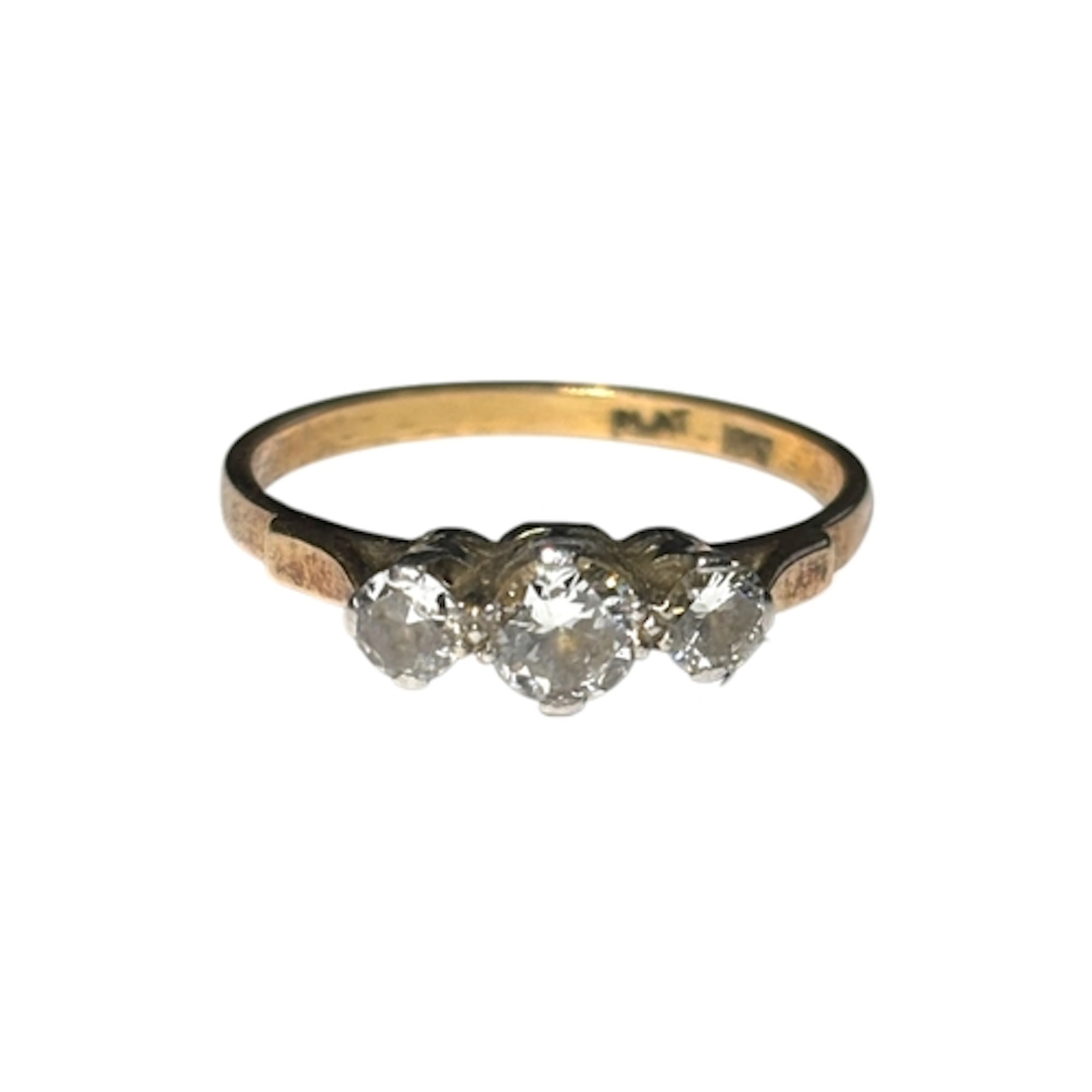 A diamond three-stone ring, claw-set with three brilliant-cu...